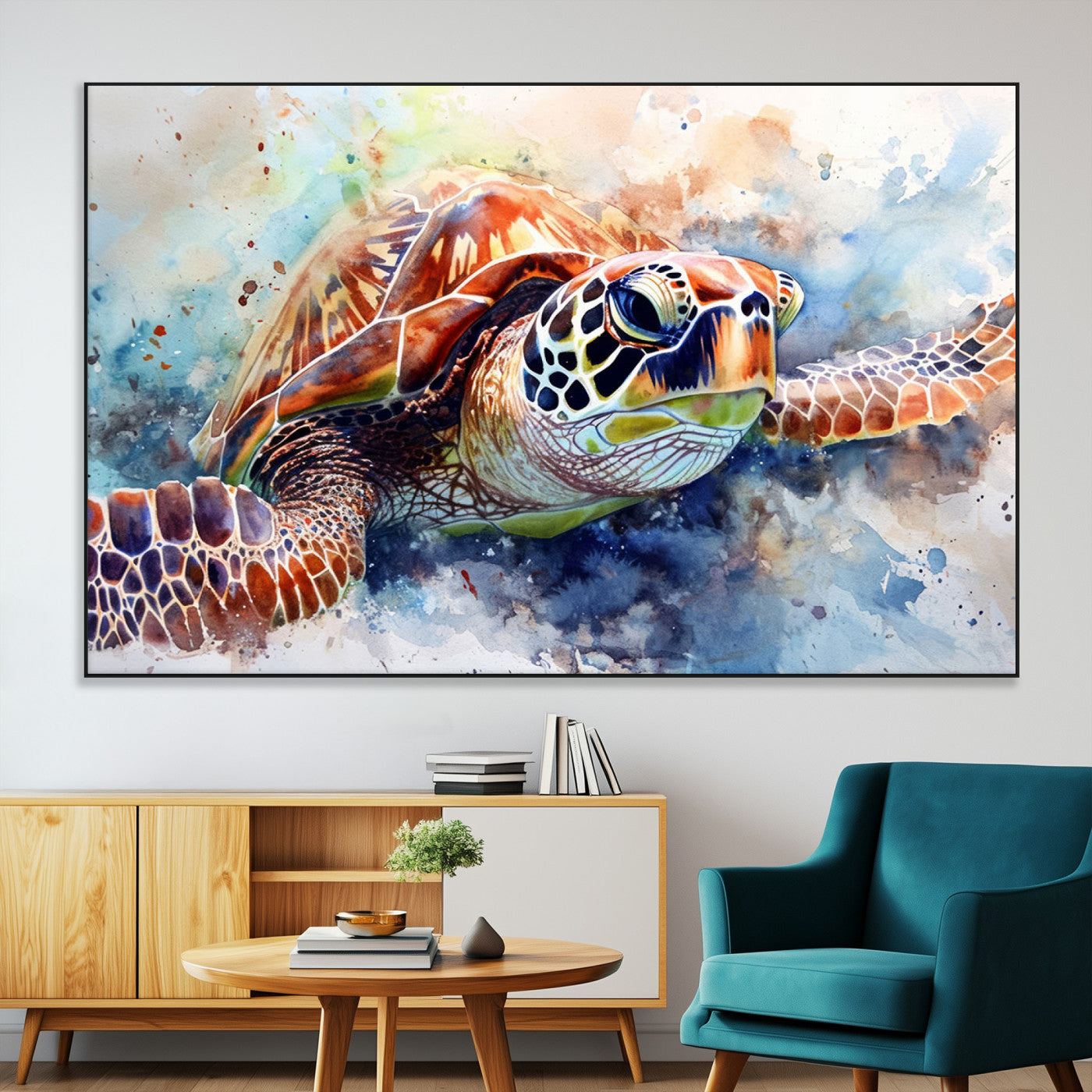 SEG-FC-51X34_Oversize - Watercolor Sea Turtle Wall Art Canvas Print - Vibrant Ocean Colors in Watercolor Style - Ready to