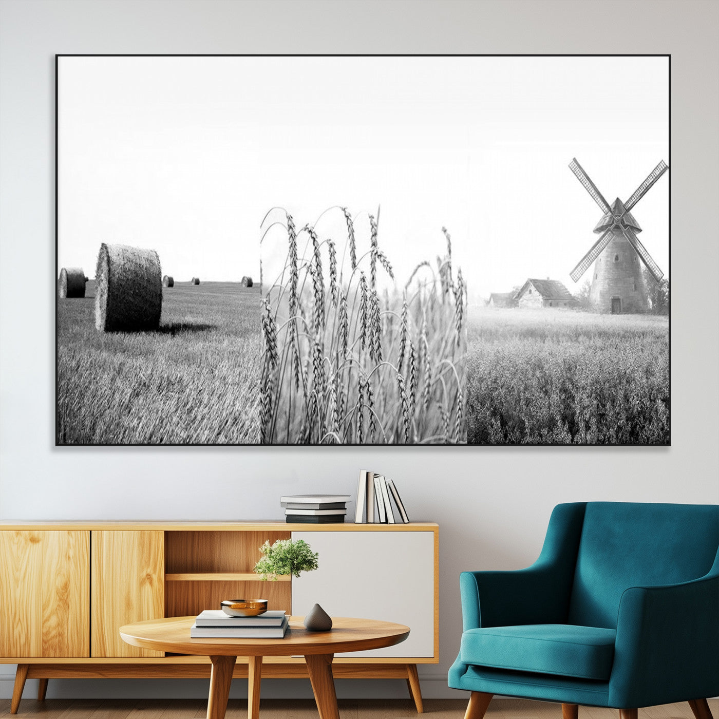 SEG-FC-51X34_Oversize - Vintage Farmhouse Black and White Triptych Wall Art – Giclee Canvas Featuring Wheat Fields, Hay