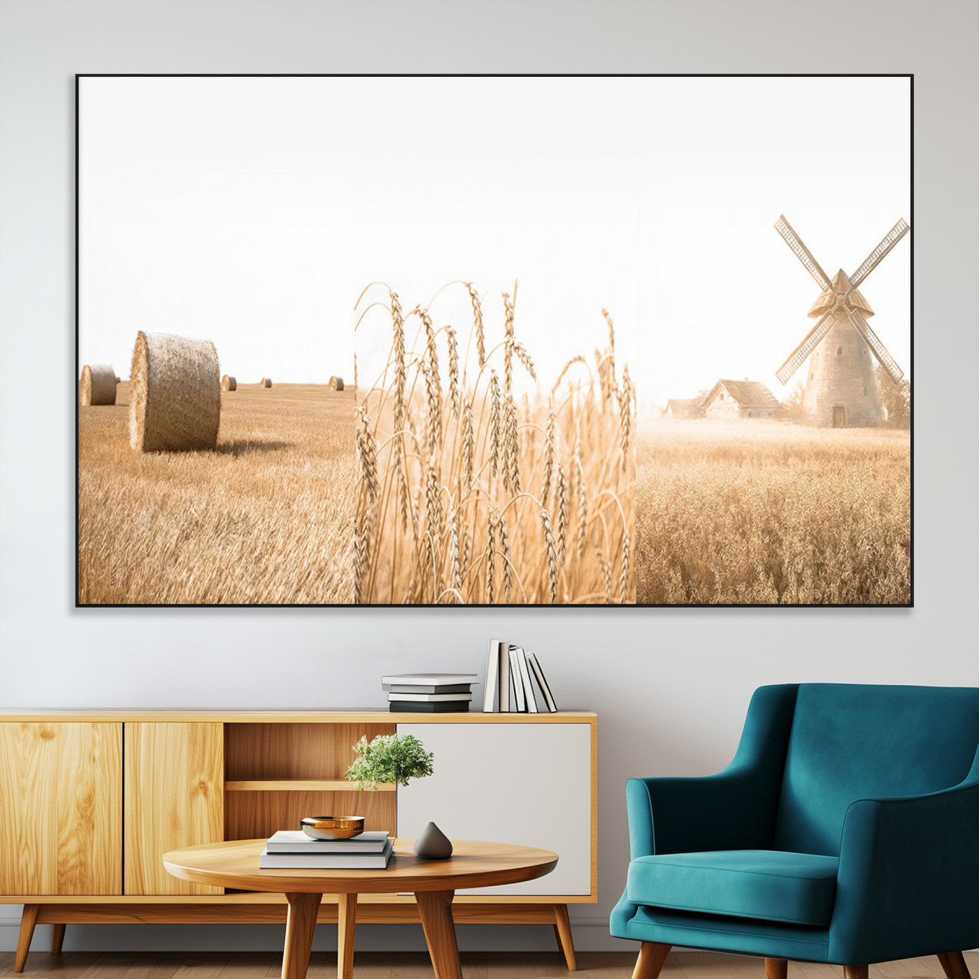 SEG-FC-51X34_Oversize - Vintage Farmhouse Triptych Wall Art – Giclée Canvas Featuring Wheat Fields, Hay Bales, and a