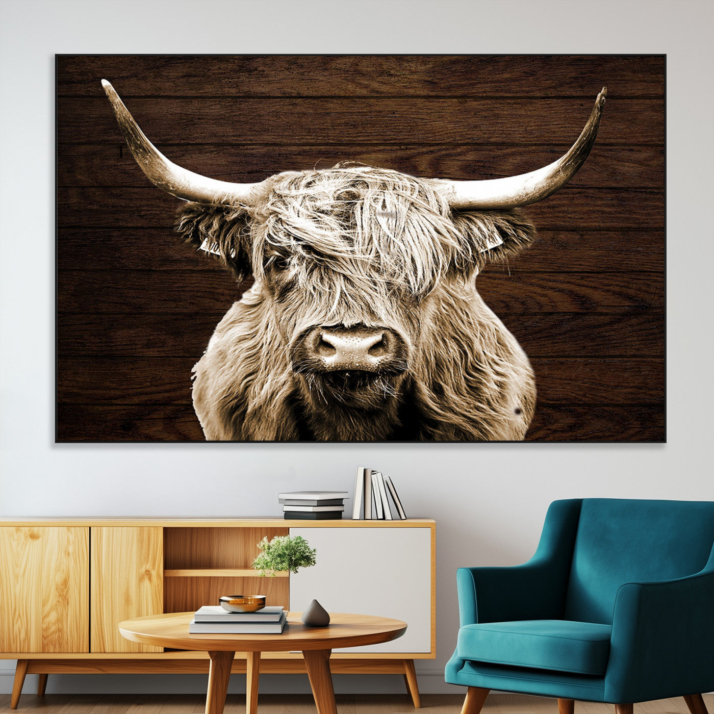 SEG-FC-51X34_Oversize - Highland Cow Wall Art Canvas Print, Rustic Farmhouse Decor, Majestic Scottish Highland Bull Portrait