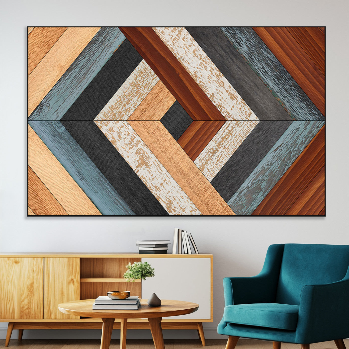 SEG-FC-51X34_Oversize - Geometric Wood Art Wall Decor Canvas Print, Rustic Wooden Pattern Triptych Wall Art for Living Room
