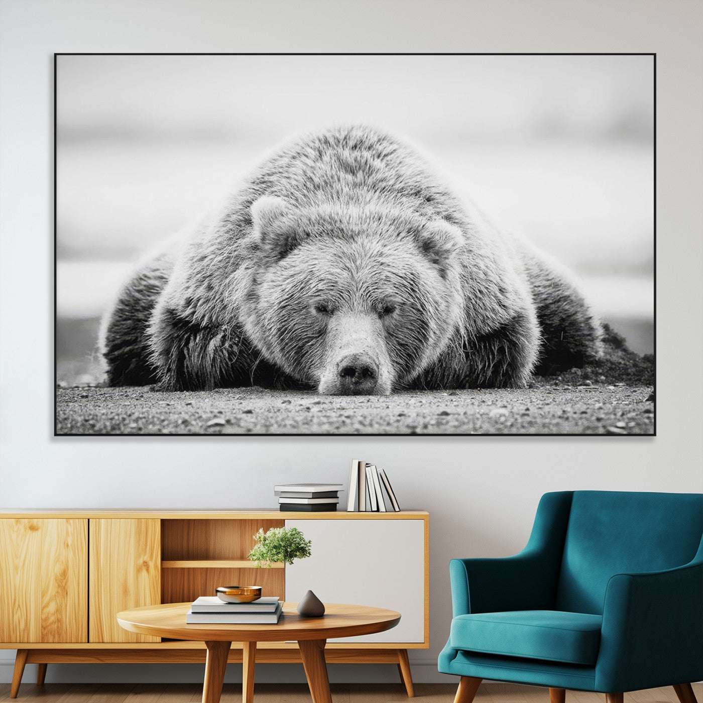 SEG-FC-51X34_Oversize - Resting Grizzly Bear Wall Art Canvas Print – Majestic Lazy Black and White Wildlife Bear Art,