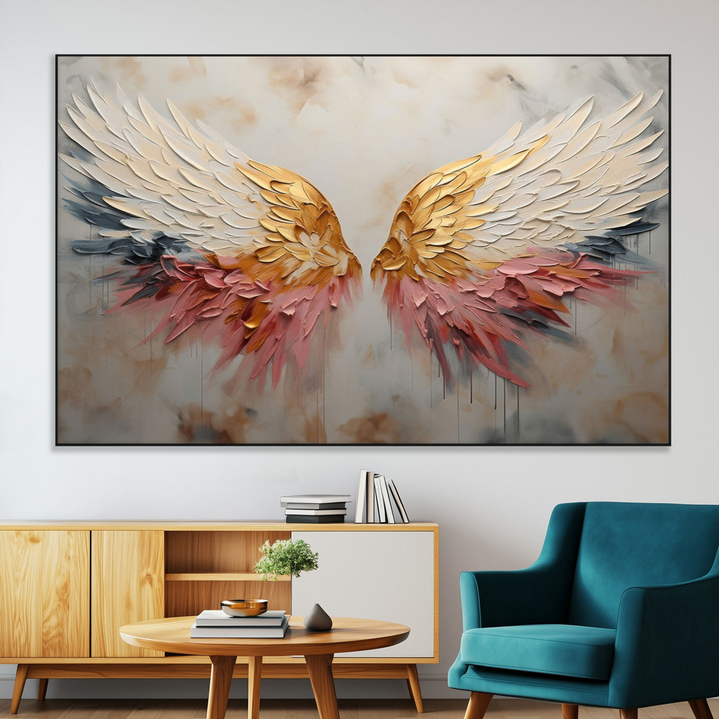 SEG-FC-51X34_Oversize - Golden Angel Wings Wall Art Canvas Print – Stunning Abstract Winged Art for Elegant Home Decor –