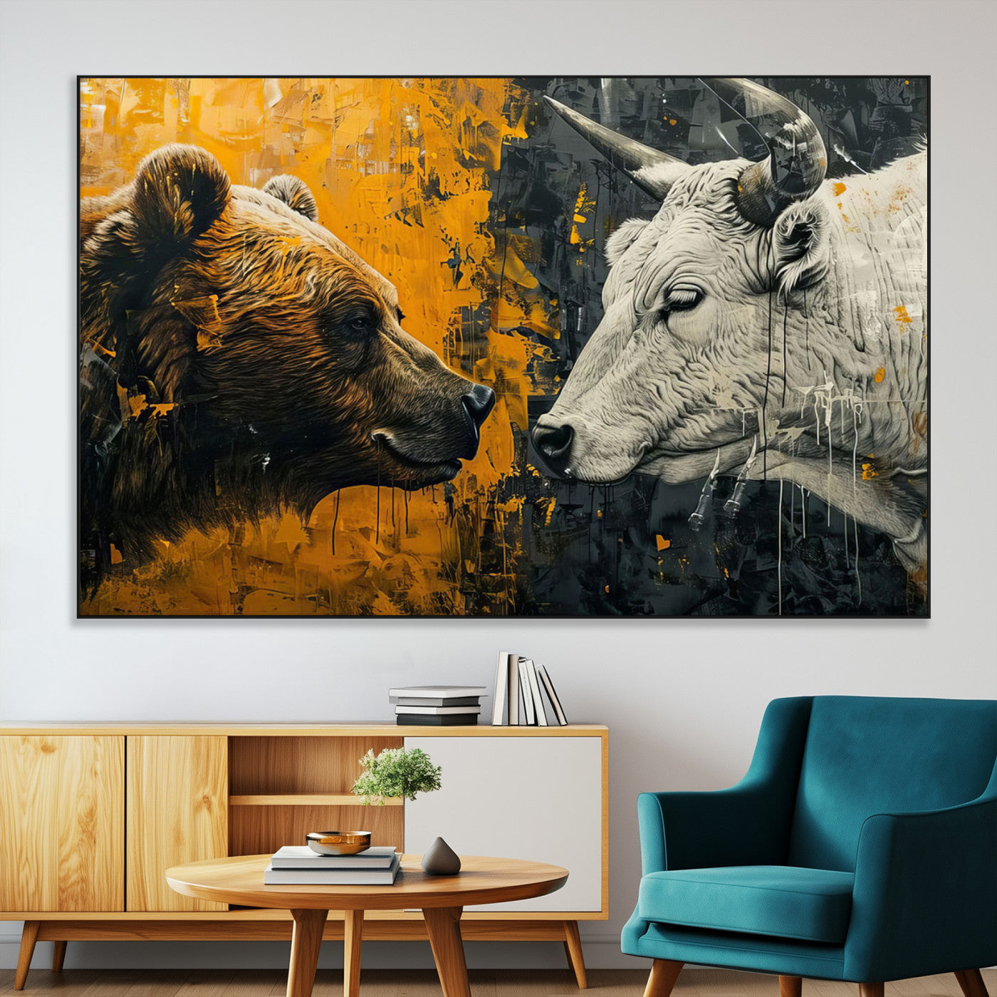 SEG-FC-51X34_Oversize - Bear and Bull Wall Art Canvas Print – Abstract Animal Portrait Painting for Modern Home Decor –