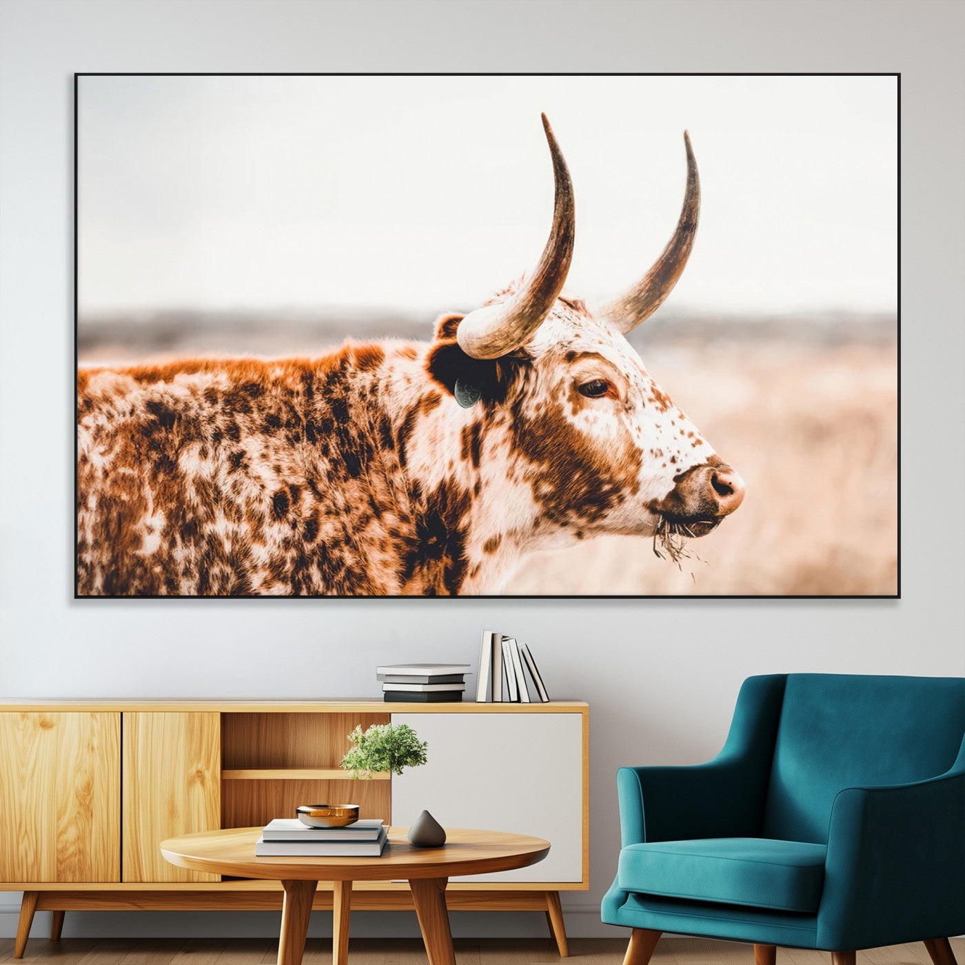 -Speckled Bull Wall Art Canvas Print – Rustic Cow Longhorn Farmhouse Animal Decor – Western Longhorn