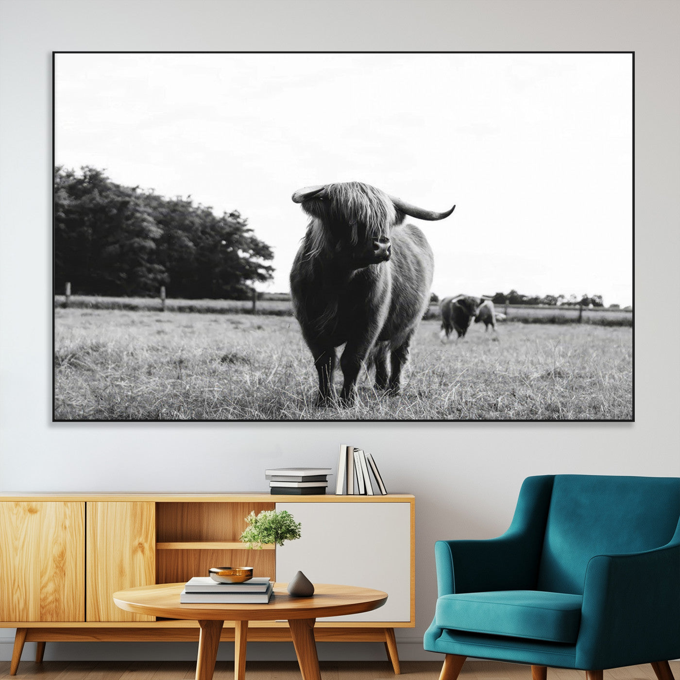 SEG-FC-51X34_Oversize - Black and White Highland Cow Wall Art Canvas Print | Rustic Western Decor for Living Room or Office,