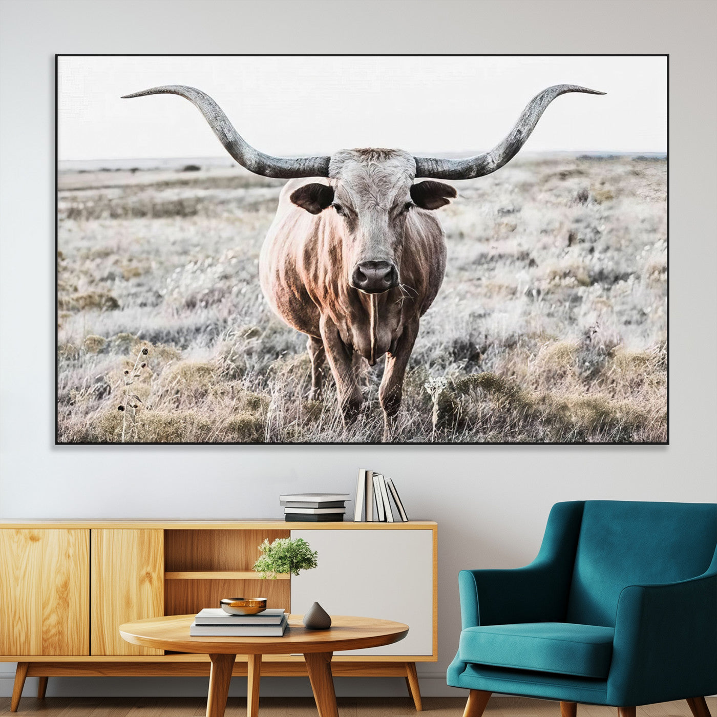 -Rustic Texas Longhorn Wall Art Canvas Print | Western Farmhouse Decor for Living Room or Office,