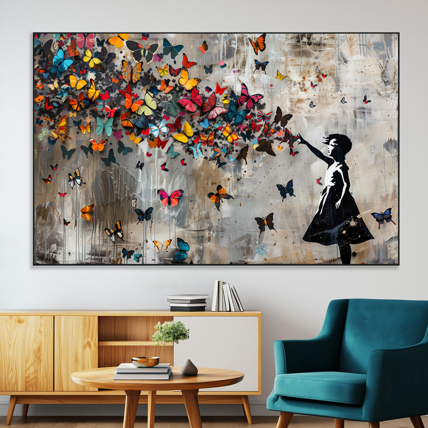 SEG-FC-51X34_Oversize - Banksy Wall Art - Banksy Girl and Butterfly Explosion Wall Art Canvas Print | Girl with Butterflies