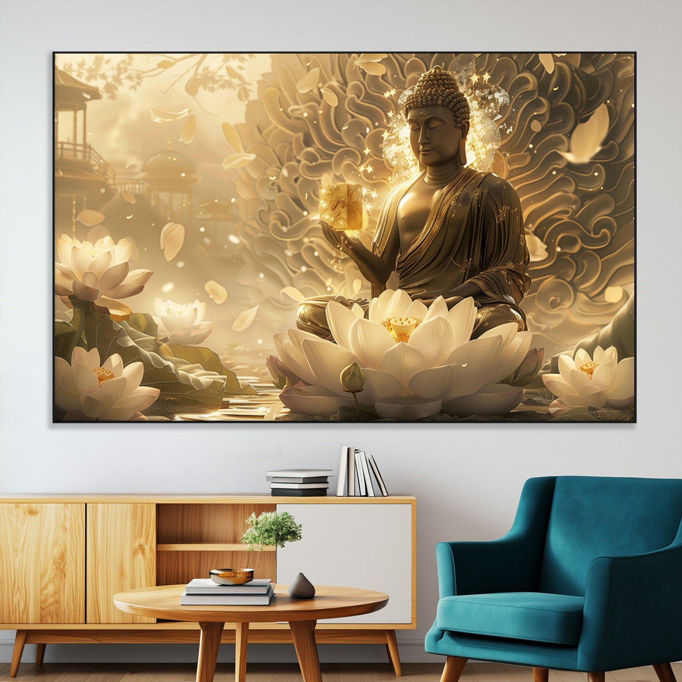 SEG-FC-51X34_Oversize - Golden Buddha Wall Art | Yoga Room Decor and Meditation Room Wall Art | Framed and Ready to Hang