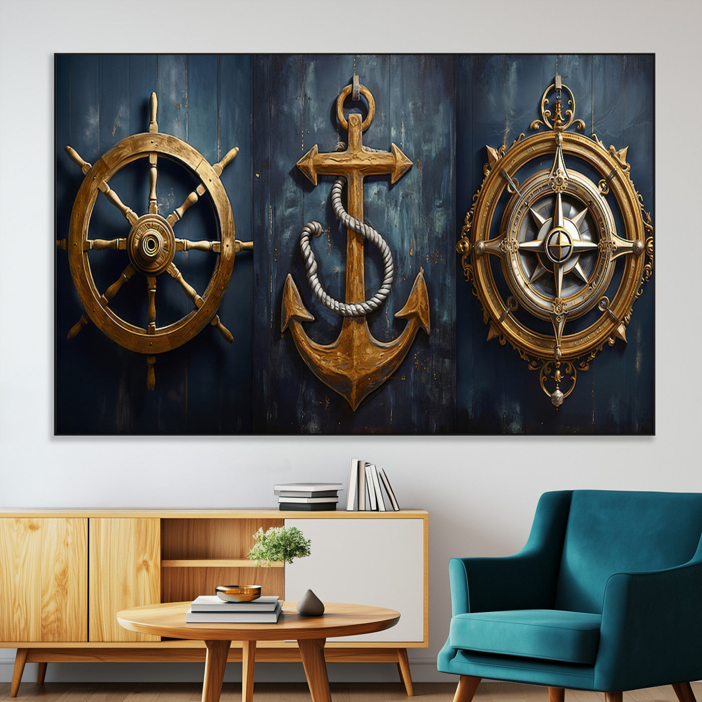 SEG-FC-51X34_Oversize - Boat Anchor Compass With Rope Wall Art Canvas Print | Beach House Wall Art