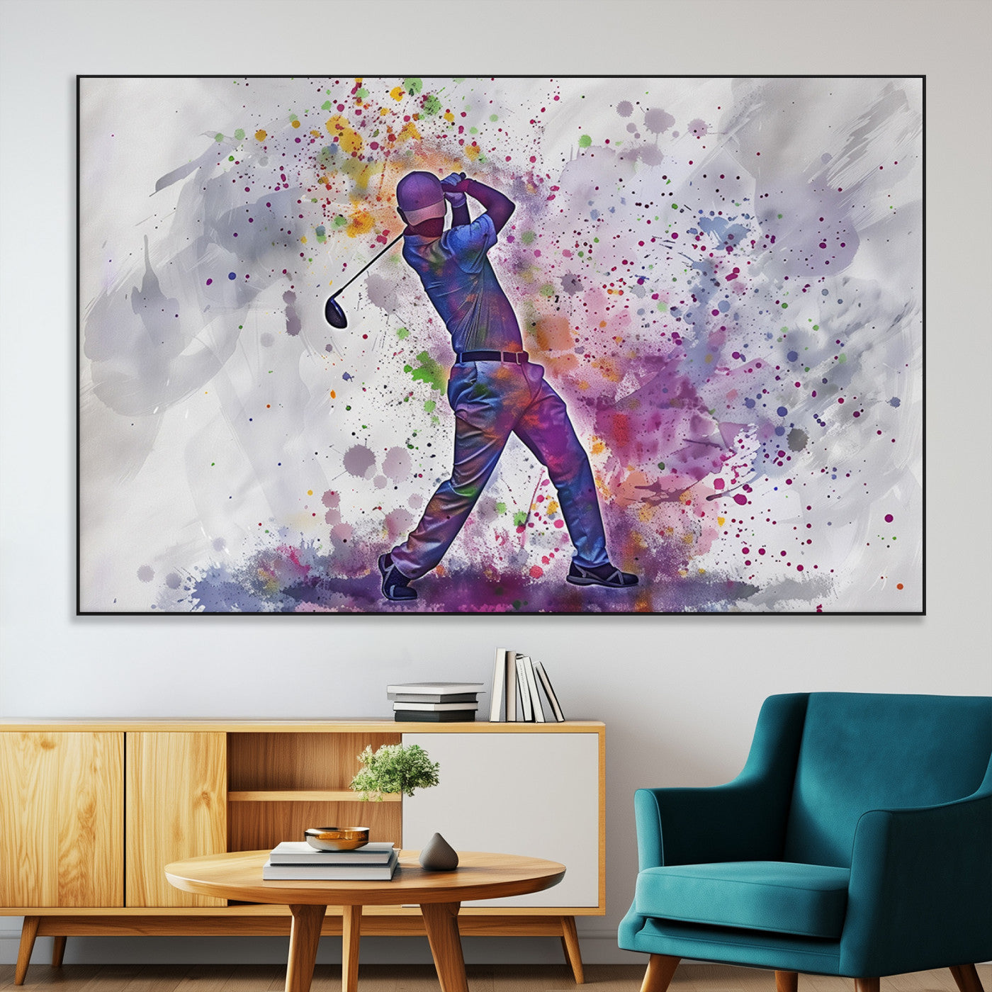 SEG-FC-51X34_Oversize - Watercolor Golf Swing Wall Art Canvas Print | Vibrant Abstract Golf Player Silhouette |