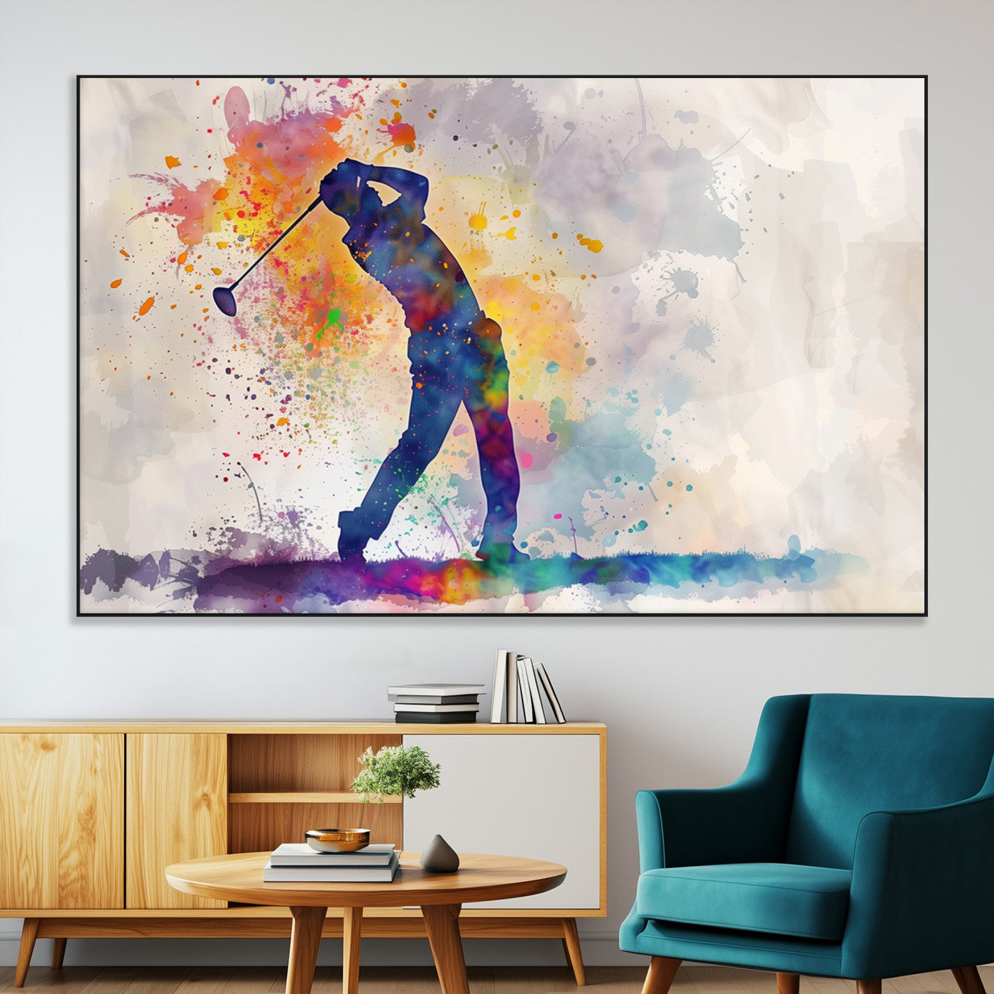 SEG-FC-51X34_Oversize - Watercolor Golf Swing Wall Art Canvas Print | Vibrant Abstract Golf Player Silhouette |