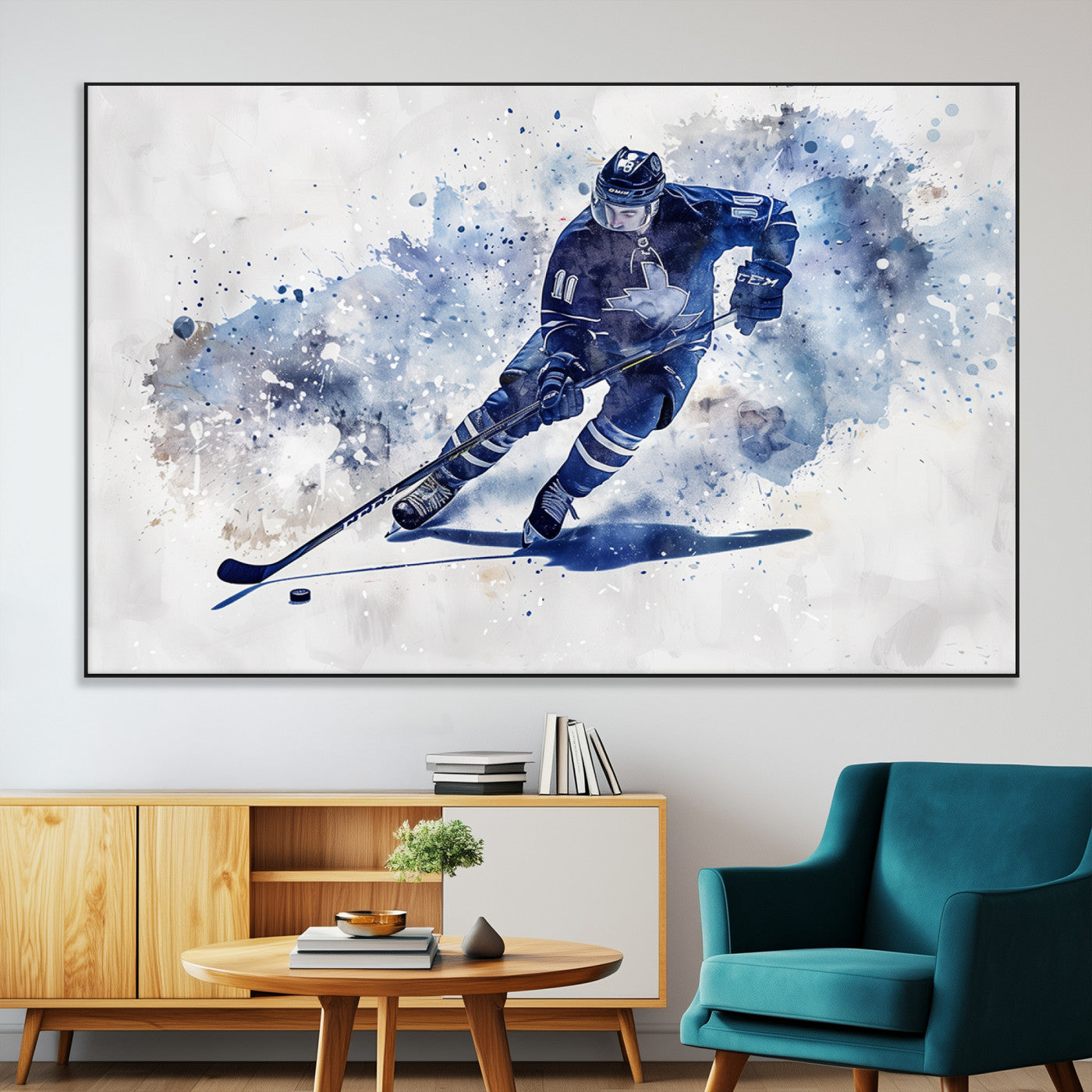 SEG-FC-51X34_Oversize - Hockey Player Wall Art Canvas Print - Sports-Inspired Watercolor Decor - Ready to Hang