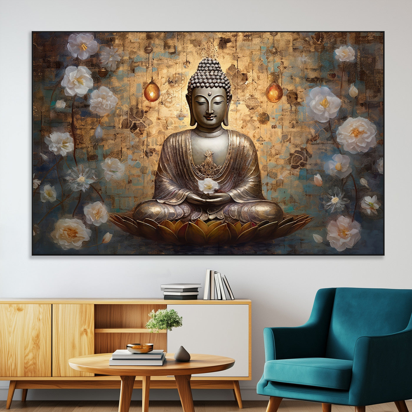 SEG-FC-51X34_Oversize - Golden Buddha Wall Art Canvas Print | Zen Meditation Floral Decor | Tranquil Spiritual Home Art |