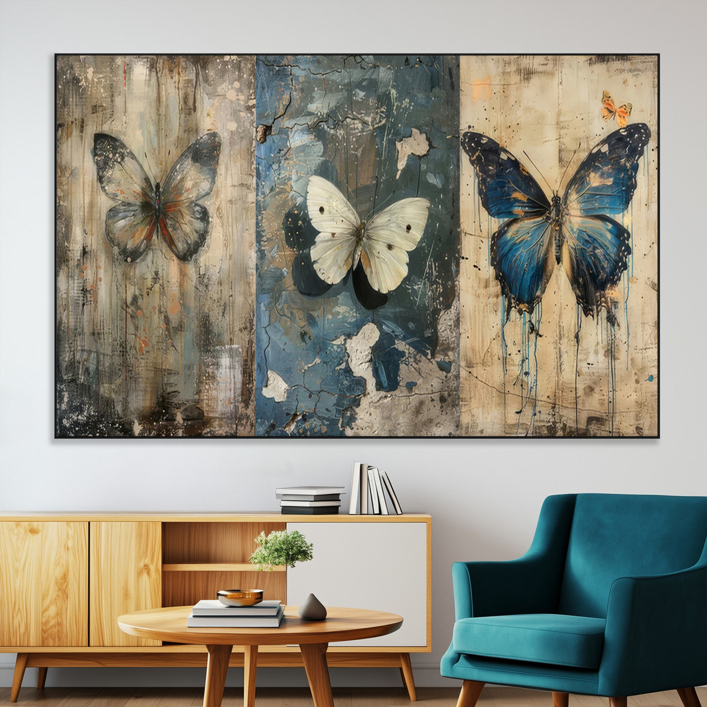 SEG-FC-51X34_Oversize - Butterfly Wall Art Trio | Vintage Butterfly Canvas Print | Ready to Hang Framed Artwork for