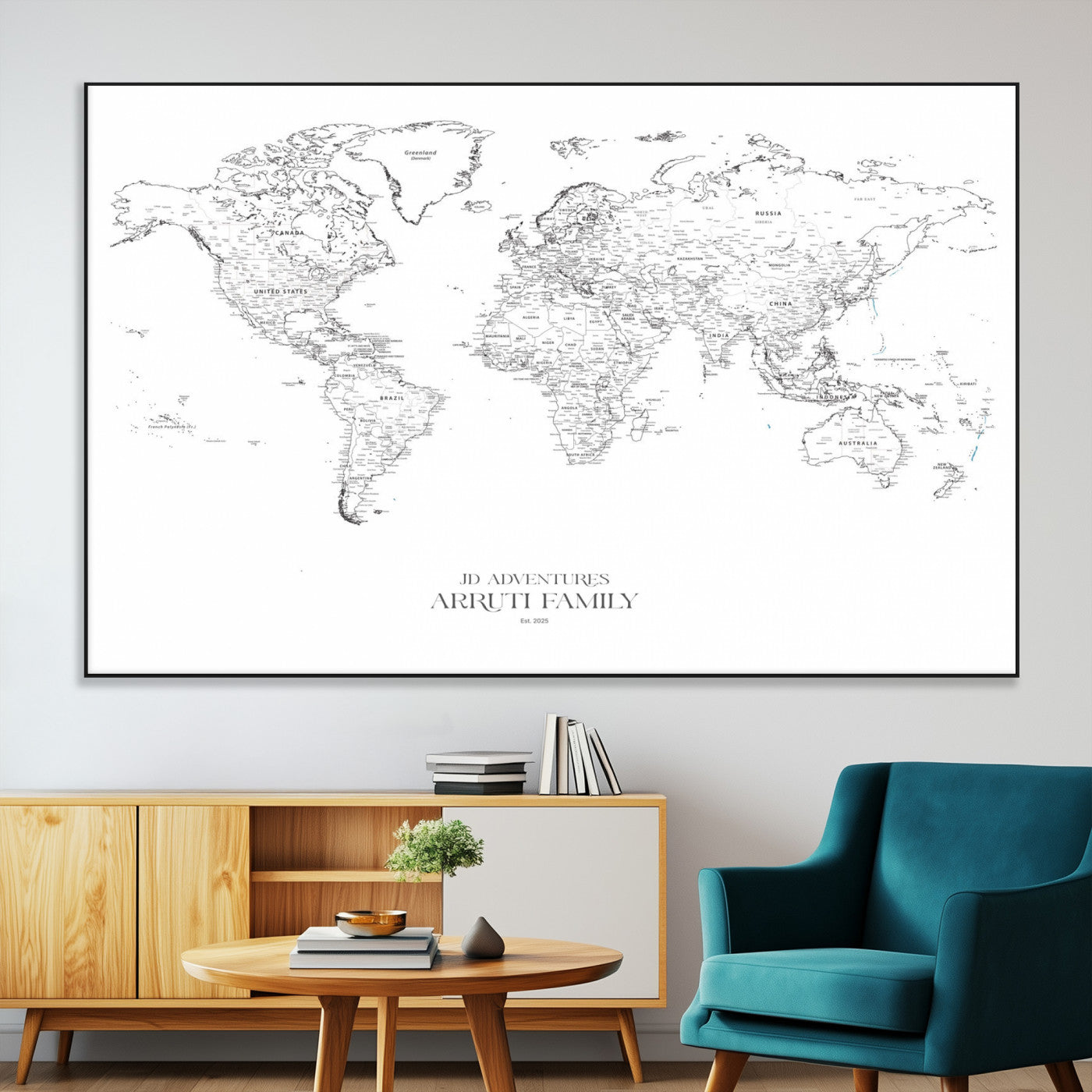 SEG-FC-51X34_Oversize - Custom World Map Wall Art – Personalized Framed Canvas Print with Push Pins for Travel Tracking,