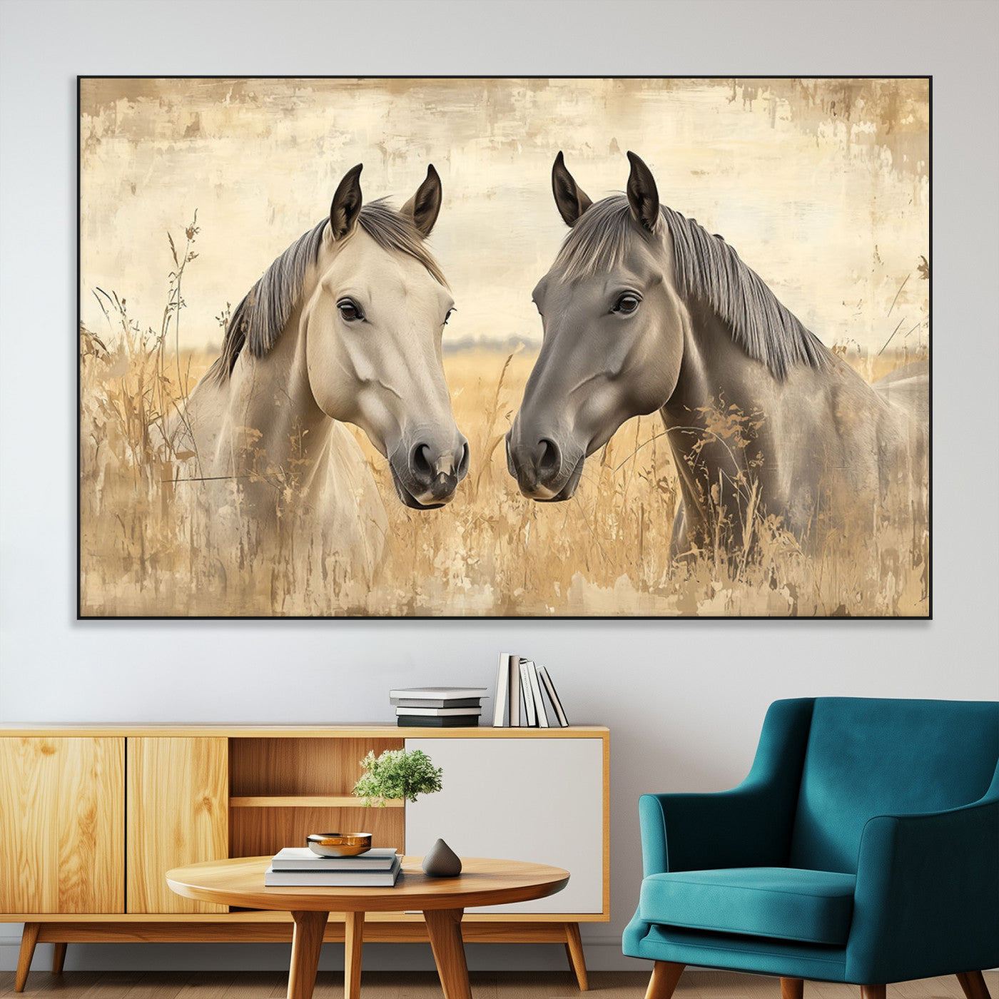 SEG-FC-51X34_Oversize - Chines Ink Style Grunge Horses Wall Art Canvas Print