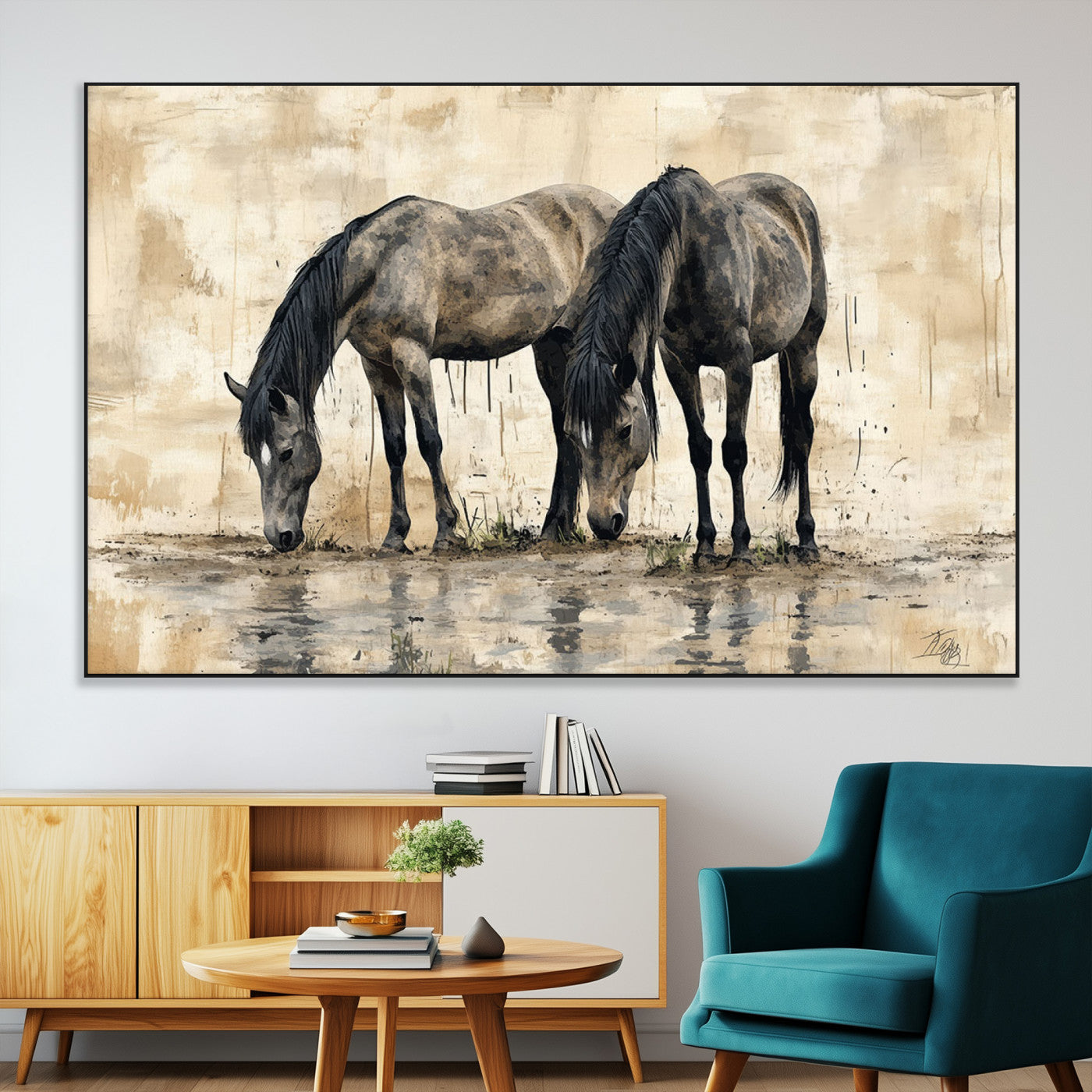 SEG-FC-51X34_Oversize - Chinese Style Abstract Black Horses Wall Art Canvas Print - Abstract Horse Wall Art Canvas Print
