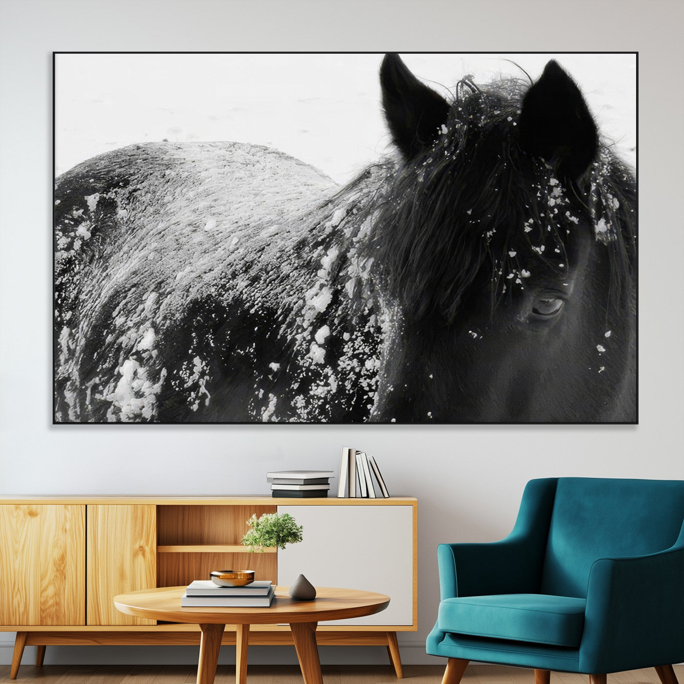 SEG-FC-51X34_Oversize - Black Horse in Snow Canvas Print | Winter Horse Wall Art | Ready to Hang and Framed | Farmhouse Wall