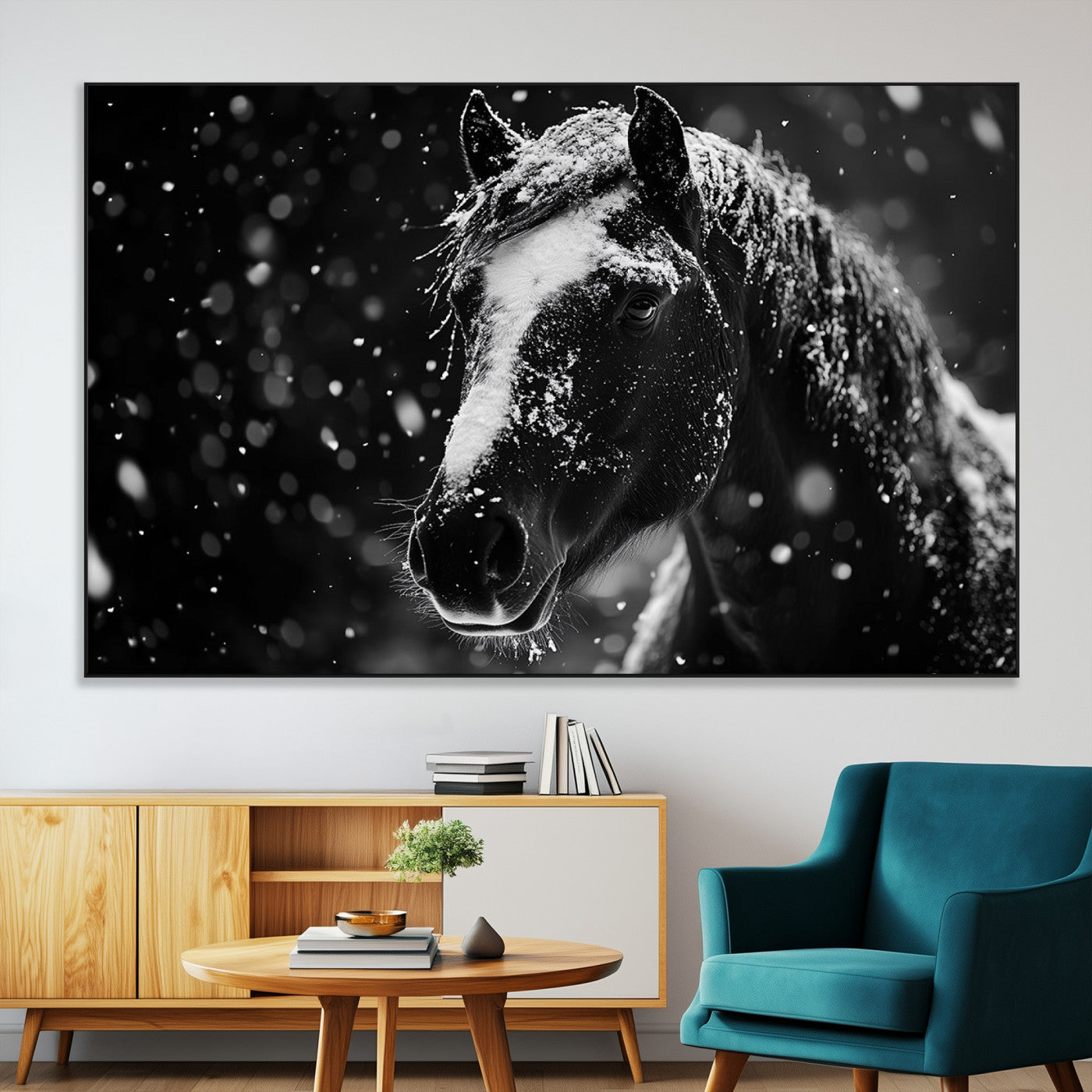 SEG-FC-51X34_Oversize - Winter Horse Wall Art | Black and White Horse Print | Ready to Hang and Framed | Farmhouse Wall Art