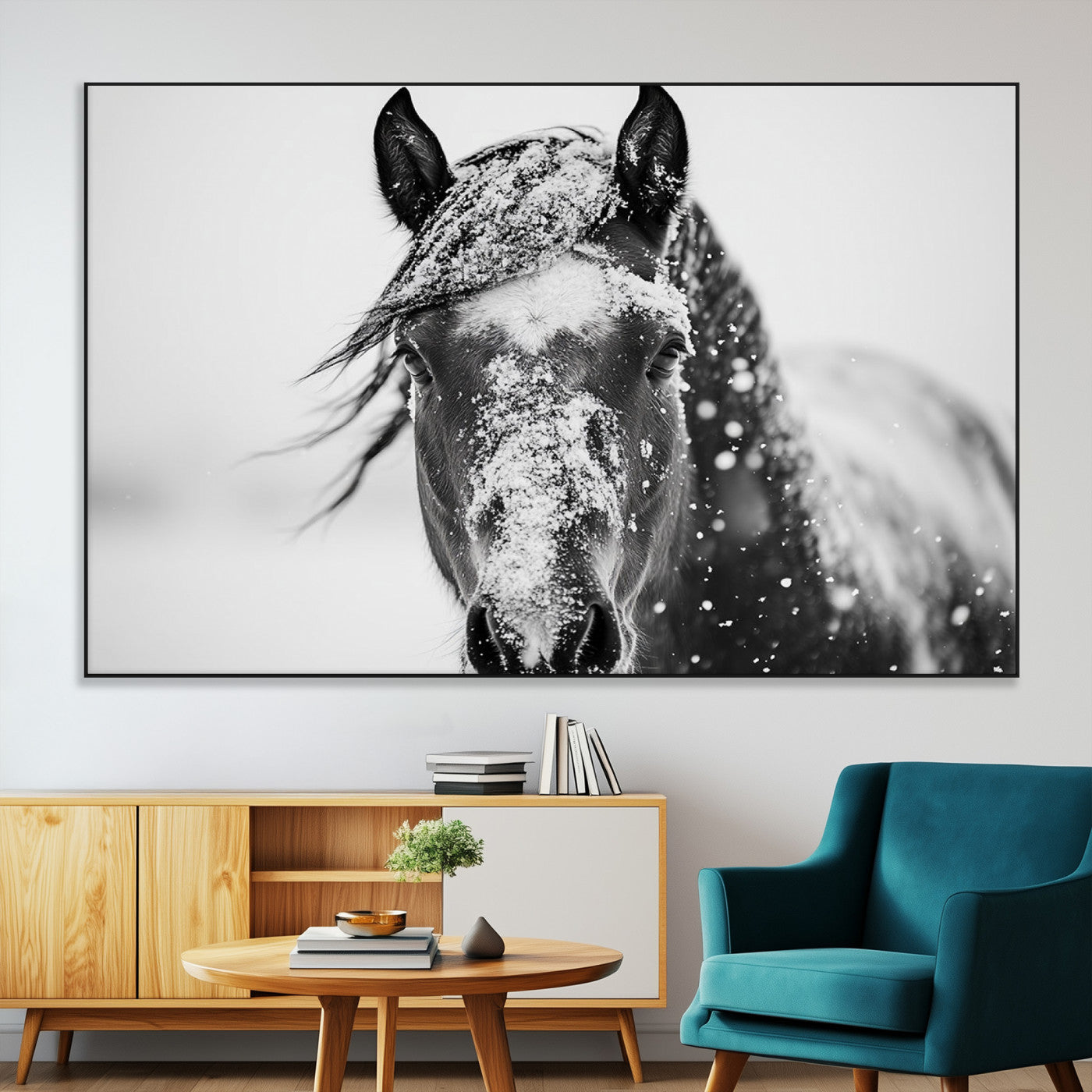 SEG-FC-51X34_Oversize - Western Wall Art | Black and White Winter Horse Wall Art | Ready to Hang and Framed | Farmhouse and