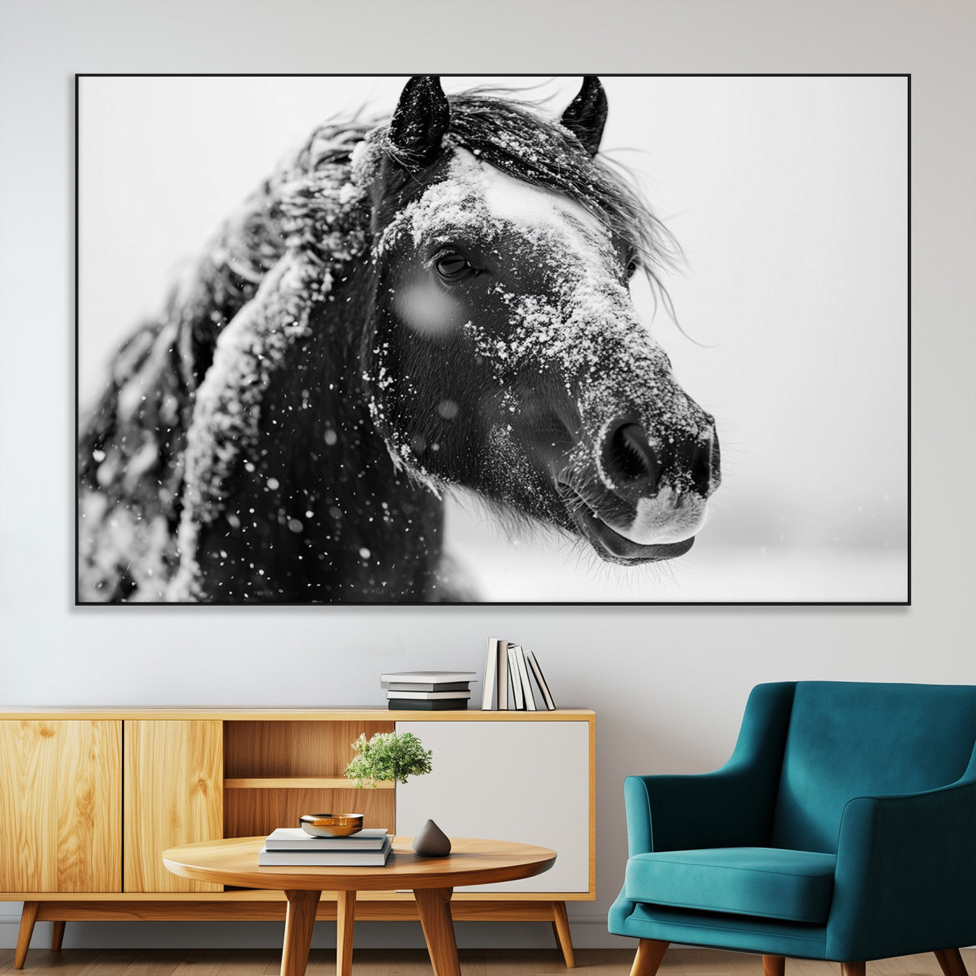 SEG-FC-51X34_Oversize - Winter Horse Canvas Print | Large 3-Panel Black White Equine Photography for Rustic Farmhouse Wall
