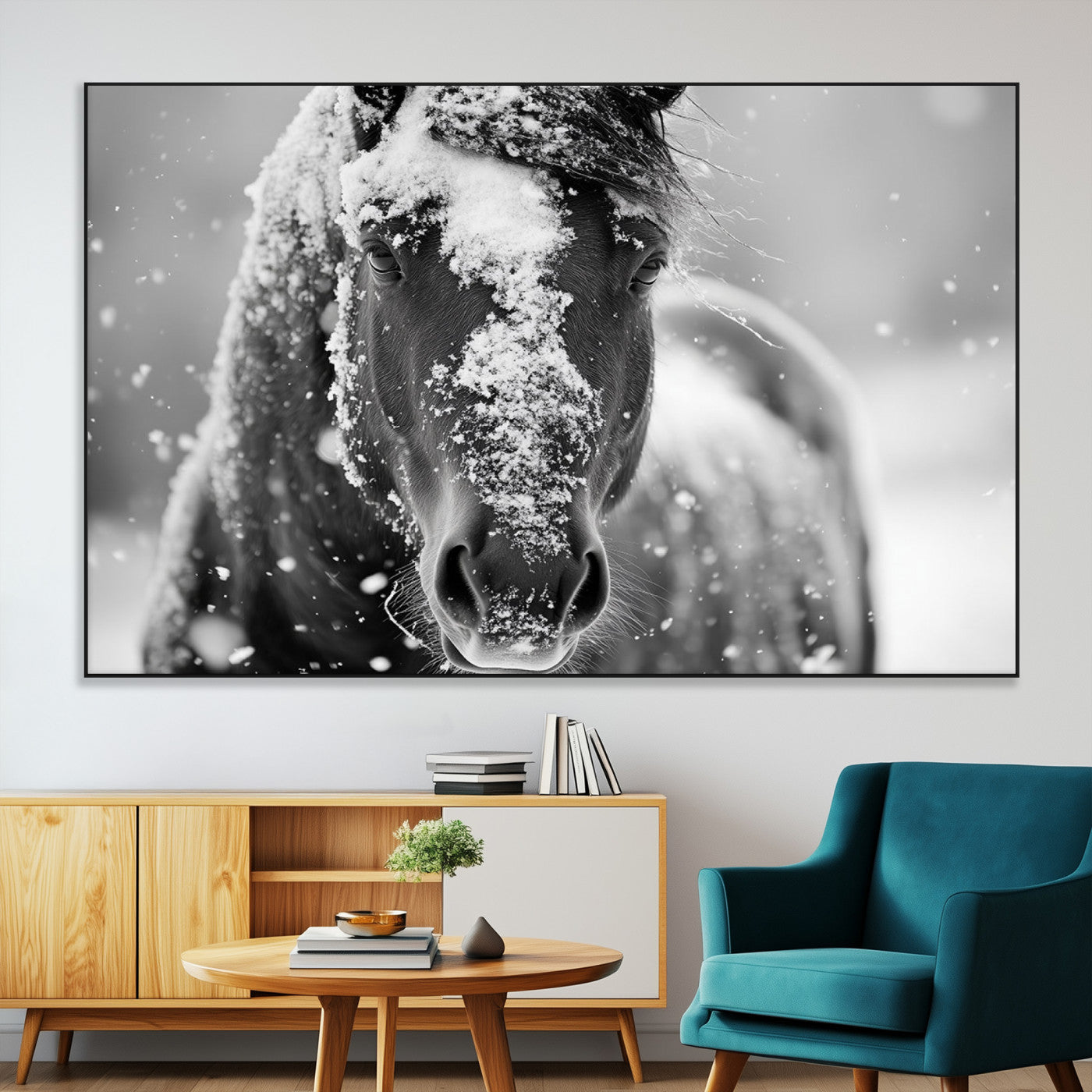 SEG-FC-51X34_Oversize - Black and White Horse Winter Wall Art | Ready to Hang and Framed | Farmhouse Wall Decor | Western