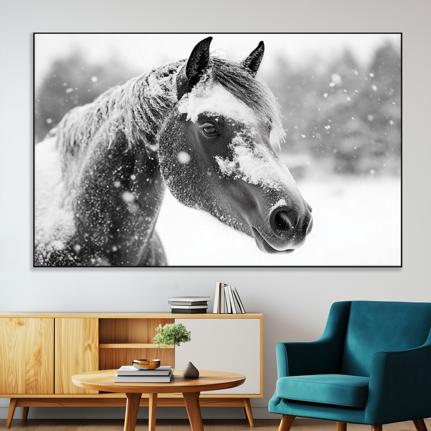 SEG-FC-51X34_Oversize - Black Horse Winter Wall Art | Ready to Hang and Framed | Farmhouse and Western Wall Decor for Living