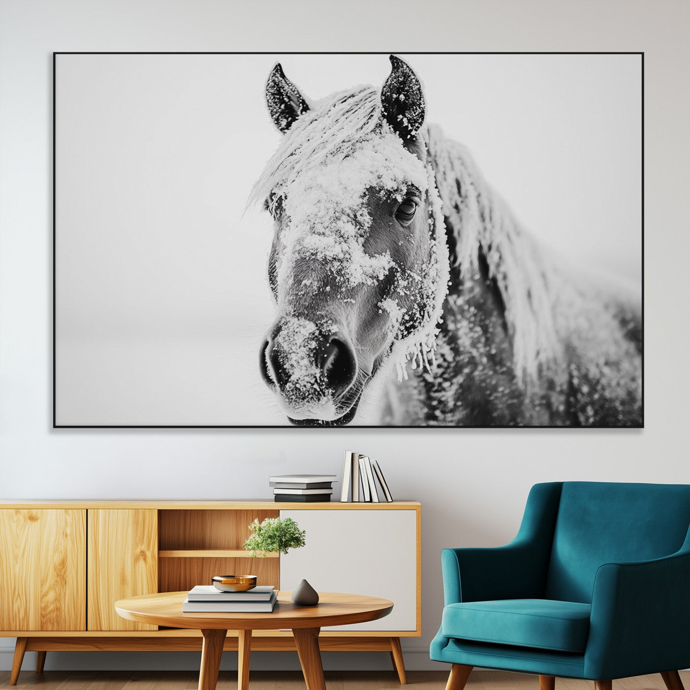 SEG-FC-51X34_Oversize - White Horse Wall Art | Ready to Hang and Framed | Winter Horse Wall Art Print for Farmhouse and