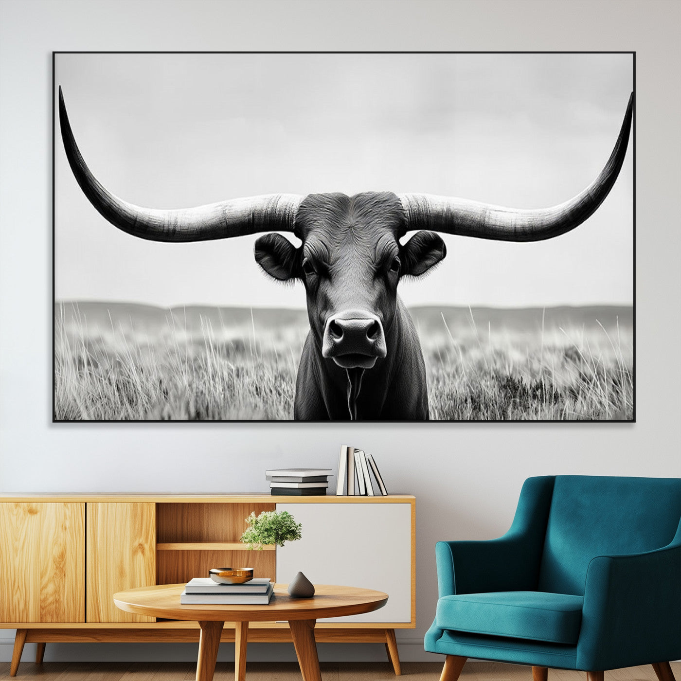 -Longhorn Bull Canvas Print | Rustic Farmhouse Wall Art | Western Decor | Ready to Hang and Framed