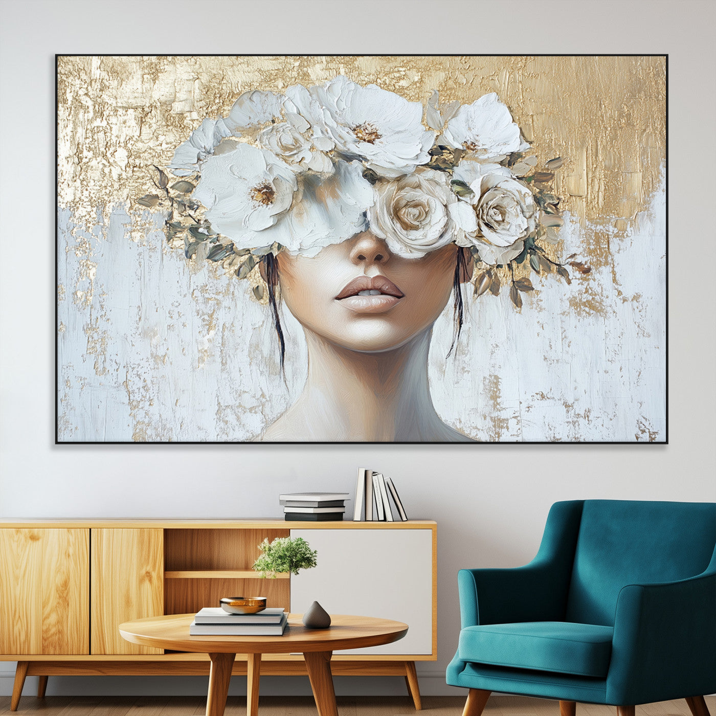 SEG-FC-51X34_Oversize - Golden Petal Wall Art - Canvas Print Flower Head Woman Painting Floral Woman Portrait Wall Decor,