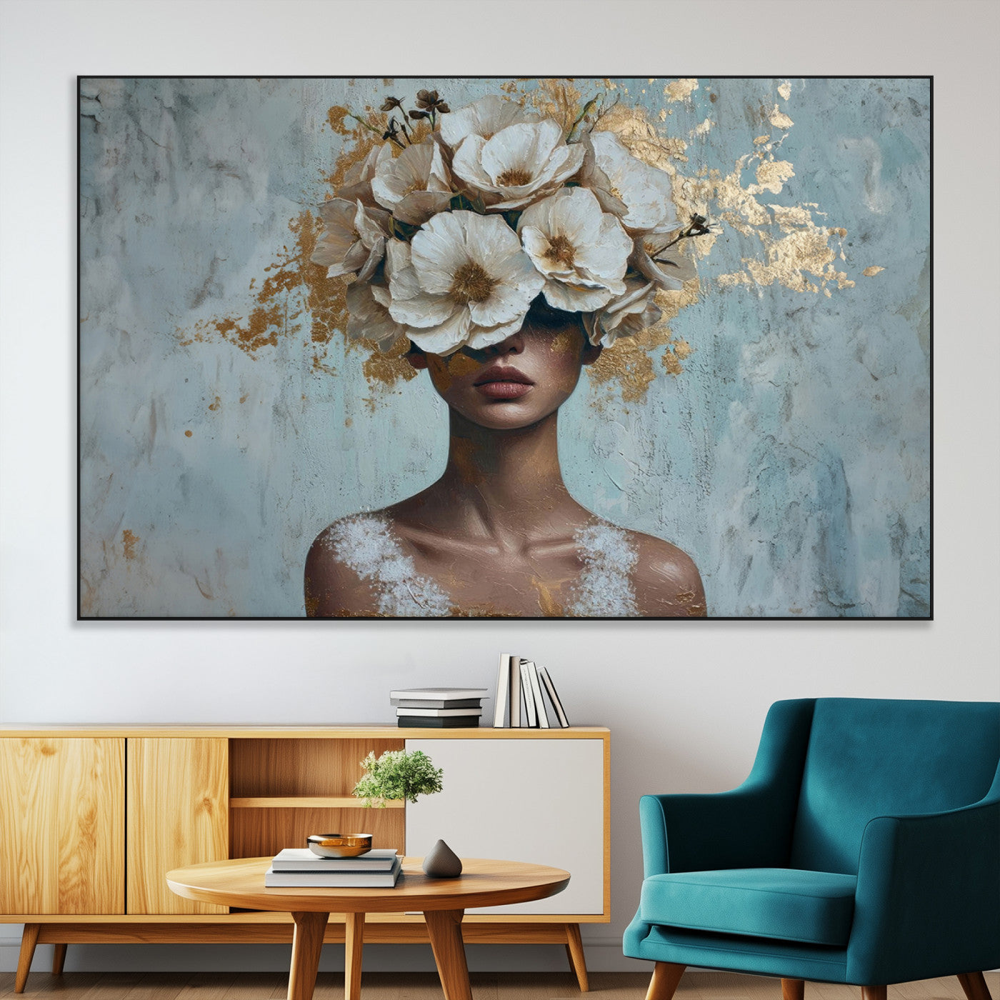 SEG-FC-51X34_Oversize - Golden Petal Wall Art - Petal Silhouette Woman Wall Art Canvas Print | Large 3-Panel Canvas with
