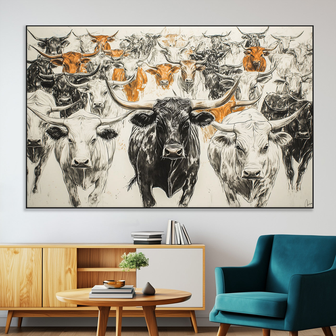 SEG-FC-51X34_Oversize - Texas Longhorn Wall Art - Herd Canvas Wall Art Print - Abstract Cow Drawing Wall Art Print for