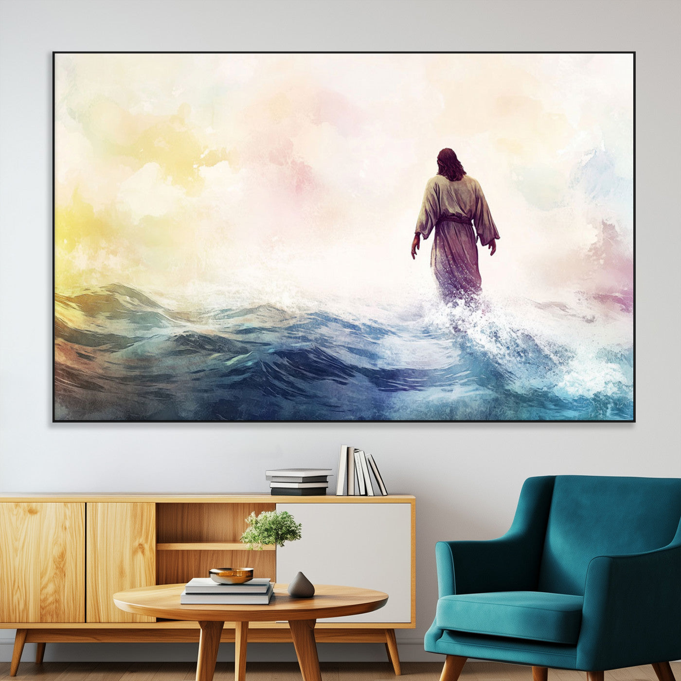 SEG-FC-51X34_Oversize - Watercolor Jesus Walking on Water Canvas Print, Christian Wall Art, Jesus Christ Walking
