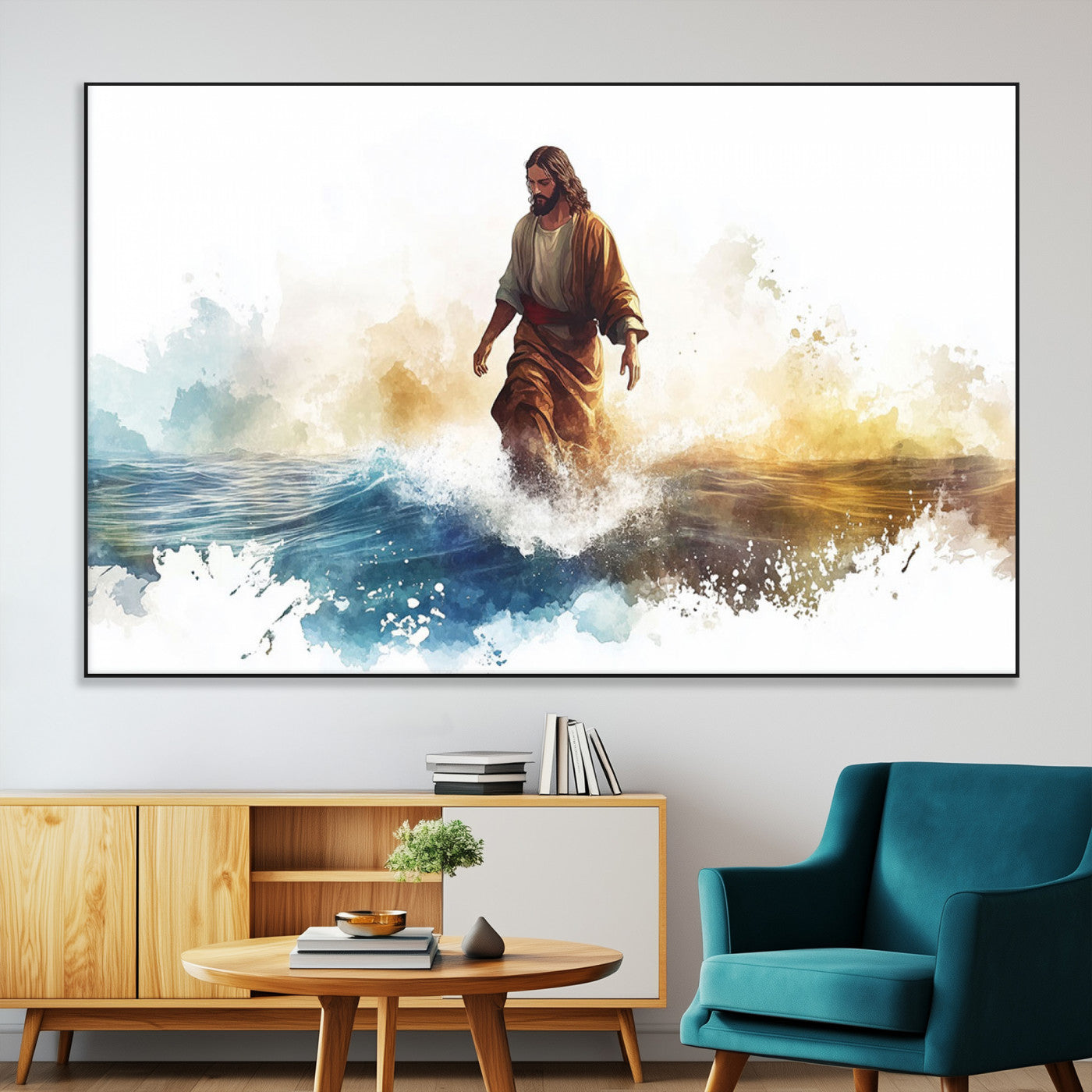 SEG-FC-51X34_Oversize - Watercolor Jesus Walking Wall Art Print, Jesus Water Canvas Print, Christian Wall Art, Jesus Christ