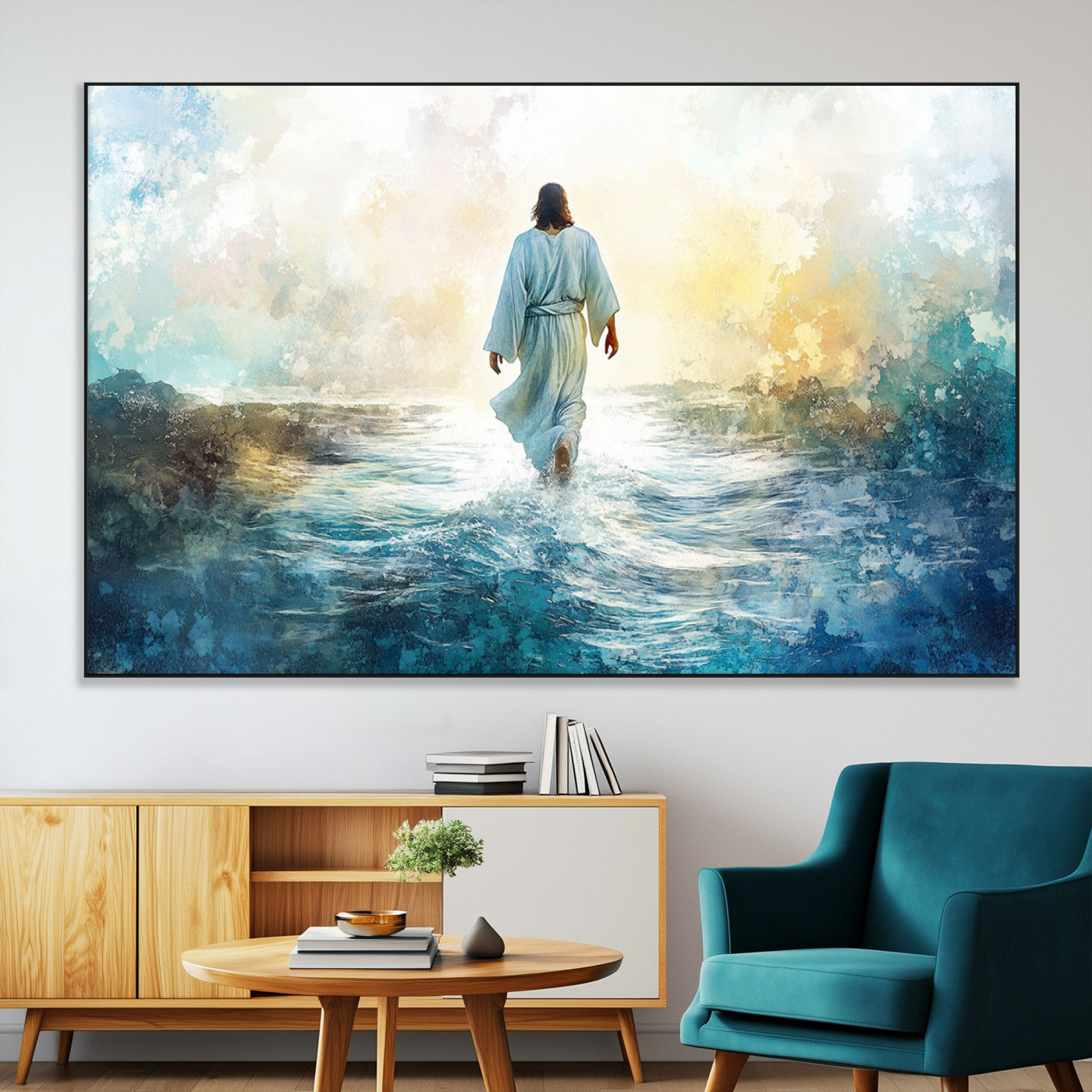 SEG-FC-51X34_Oversize - Watercolor Jesus Walking on Water Canvas Print, Christian Wall Art, Jesus Christ Walking