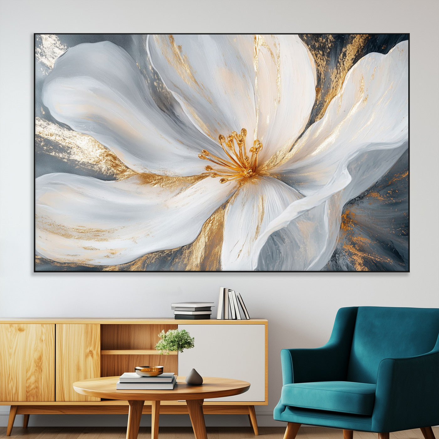 SEG-FC-51X34_Oversize - White and Gold Floral Canvas Wall Art - Framed and Ready to Hang - Perfect for Modern Living Rooms