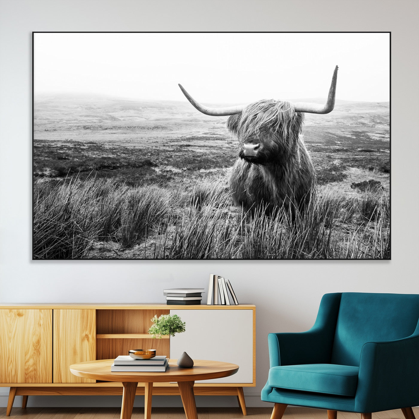 SEG-FC-51X34_Oversize - Scottish Highland Cow Wall Art | Black and White Canvas Print | Ready to Hang and Framed | Rustic