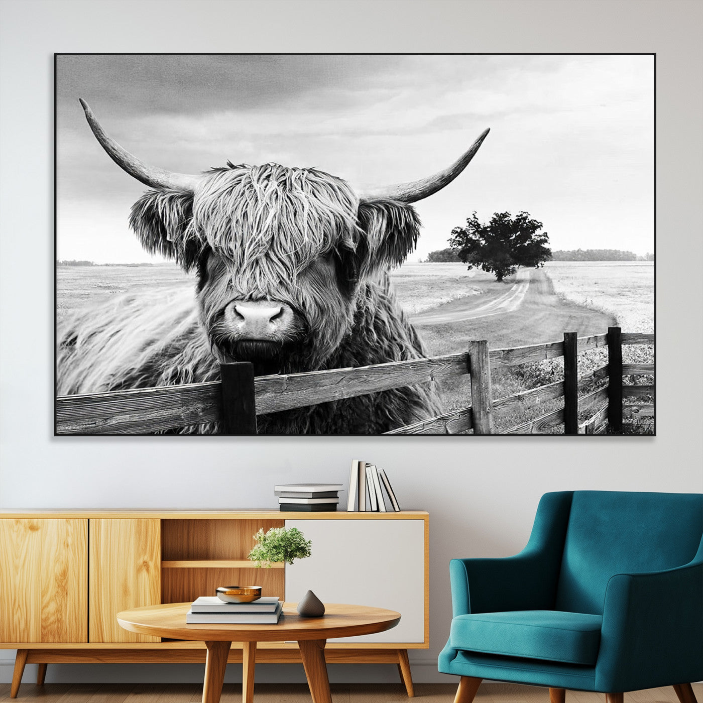 SEG-FC-51X34_Oversize - Scottish Highland Cow Wall Art | Rustic Farmhouse Décor | Black and White Ready to Hang Canvas Print