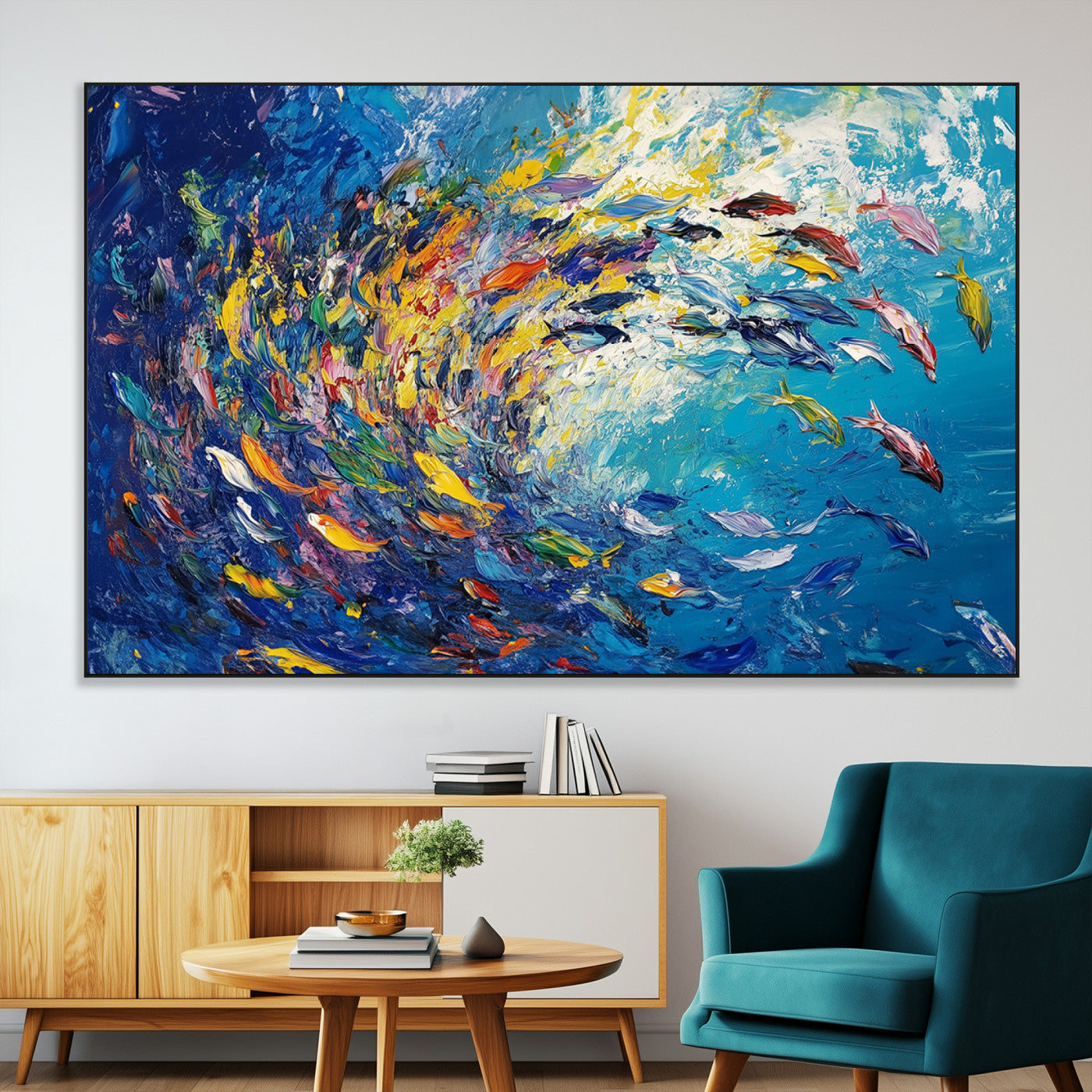 SEG-FC-51X34_Oversize - Colorful Swirling Fish School Wall Art Canvas Print | Oceanic Abstract Painting | Ready to Hang |