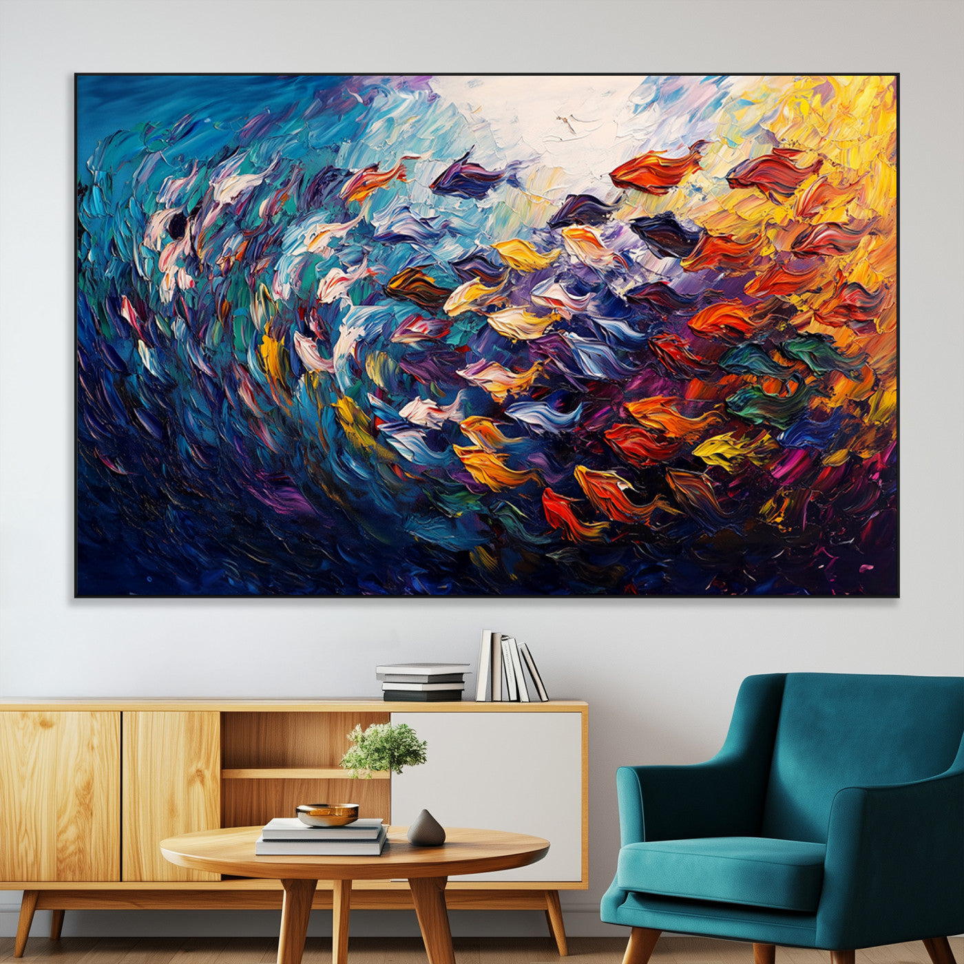SEG-FC-51X34_Oversize - Vibrant Abstract Fish Swarm Art – Colorful Fish Inspired 3-Piece Canvas Wall Art for Living Room or