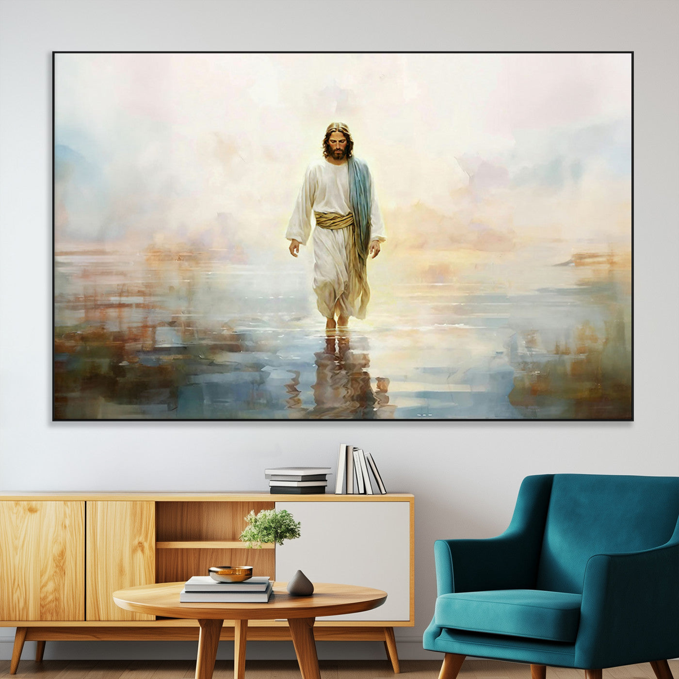 SEG-FC-51X34_Oversize - Framed Jesus Walking on Water Wall Art - 3-Panel Christian Canvas Prints, Religious Artwork for
