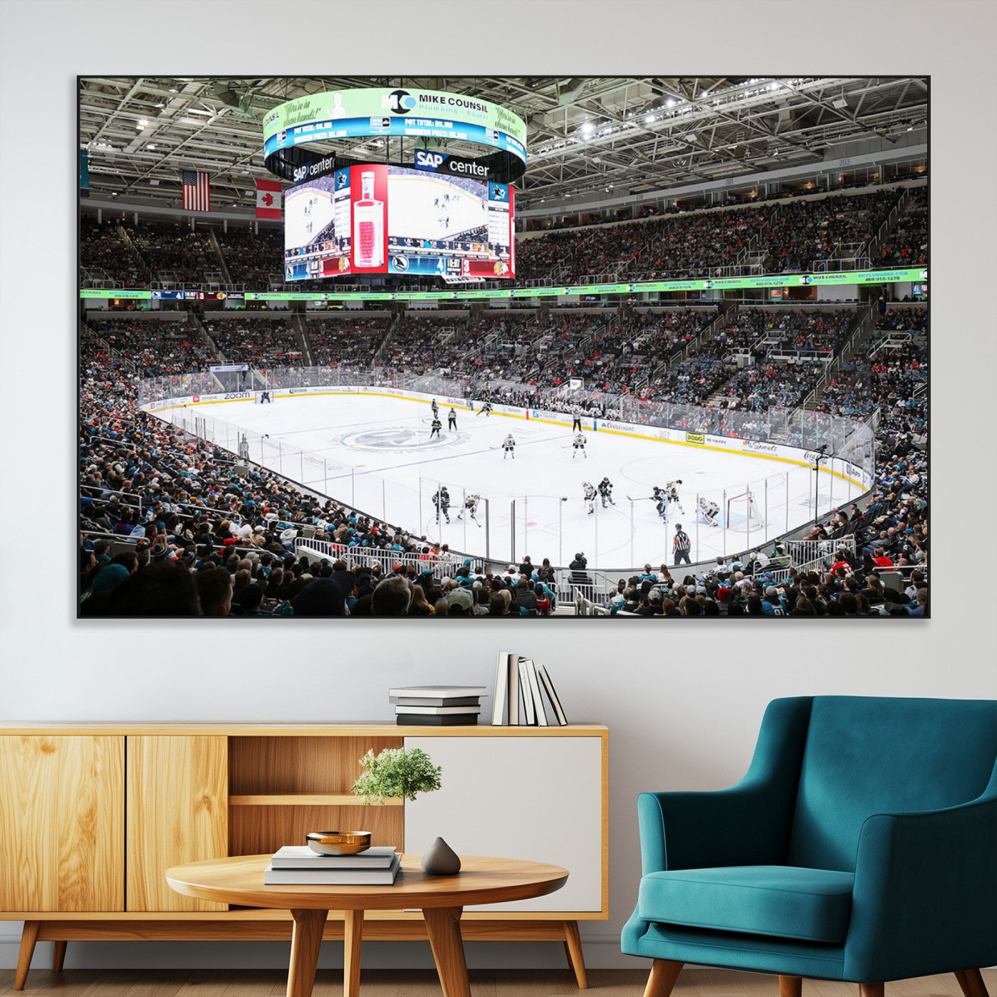 SEG-FC-51X34_Oversize - Sharks Arena Blackhawks Sharks Ice Hockey Stadium Wall Art Canvas Print, Framed Blackhawks Sharks