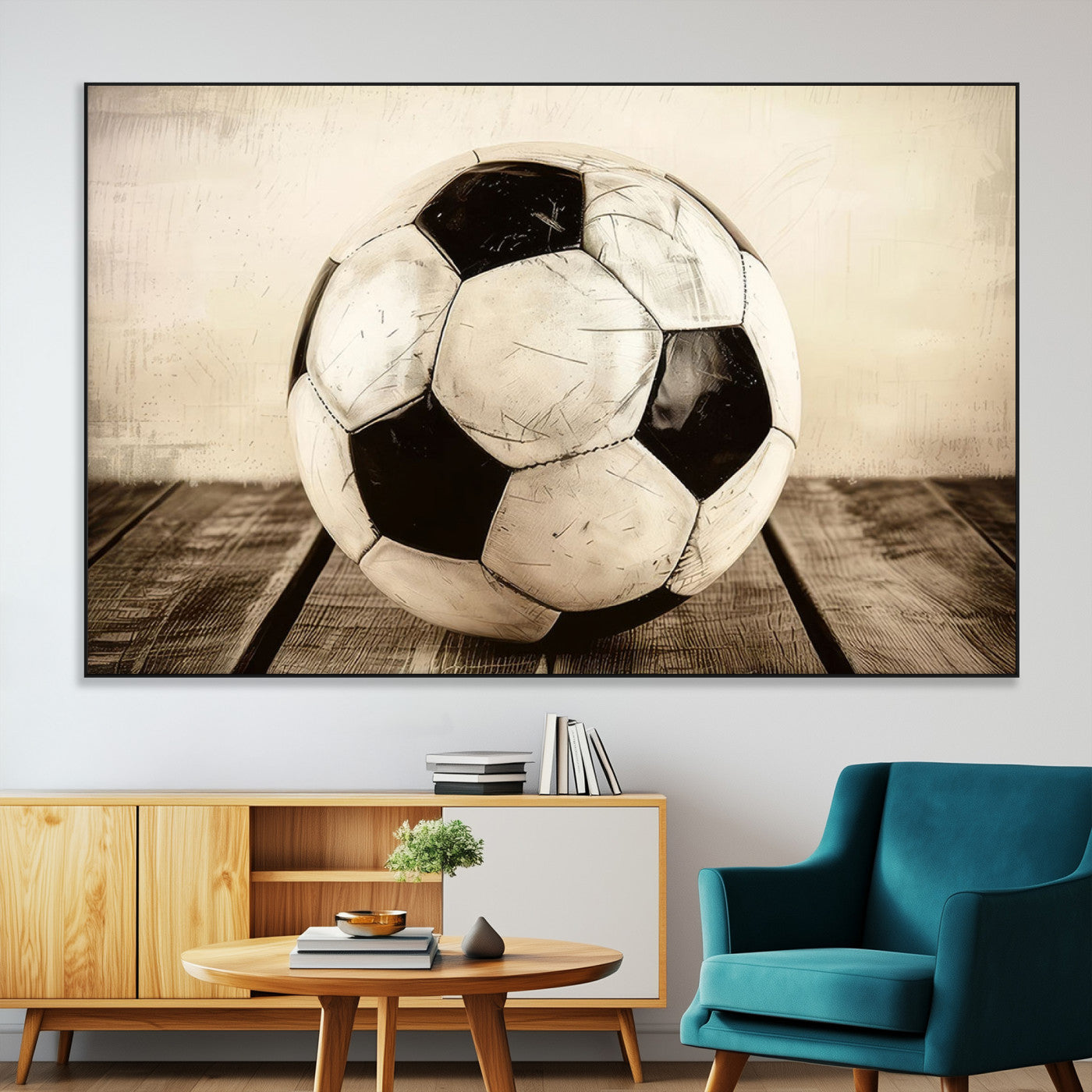 SEG-FC-51X34_Oversize - Vintage Soccer Ball Wall Decor Canvas Art – 3-Panel Soccer Wall Decor, Framed and Ready to Hang