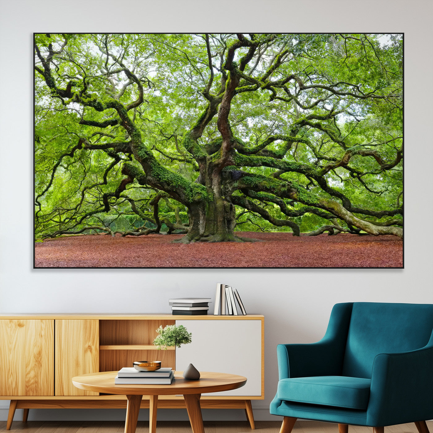 SEG-FC-51X34_Oversize - Framed Angel Oak Tree Wall Art - 3-Panel Canvas Prints, Large Green Nature Artwork, Ready to Hang