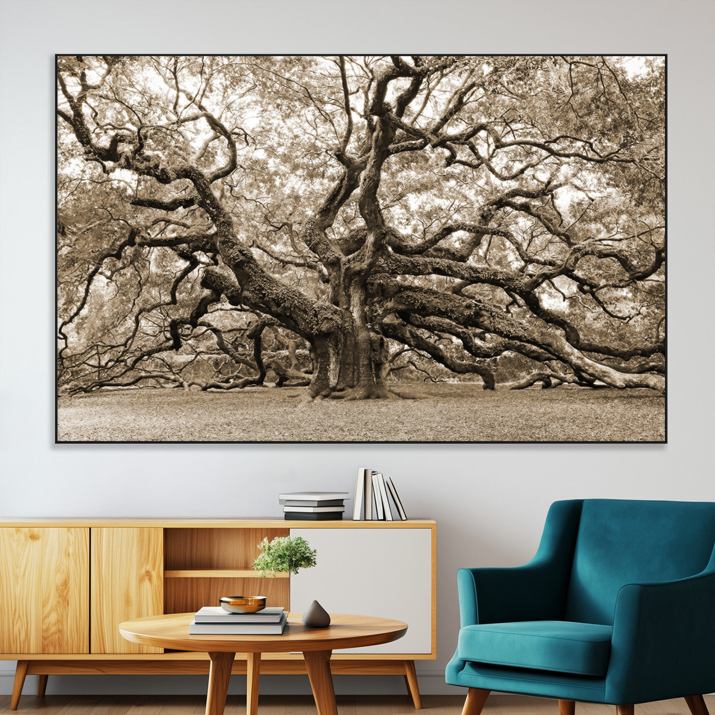 51126-MGV-CV-36X24-Sepia Framed Angel Oak Tree Wall Art - 3-Panel Canvas Prints, Large Green Nature Artwork, Ready to