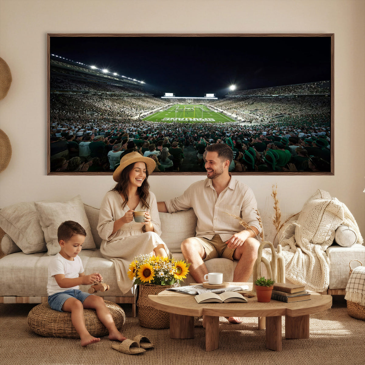 57523-PAN-FL-20X10 - Framed Michigan State Spartans Football Team Print - East Lansing Spartan Stadium Wall Art Canvas
