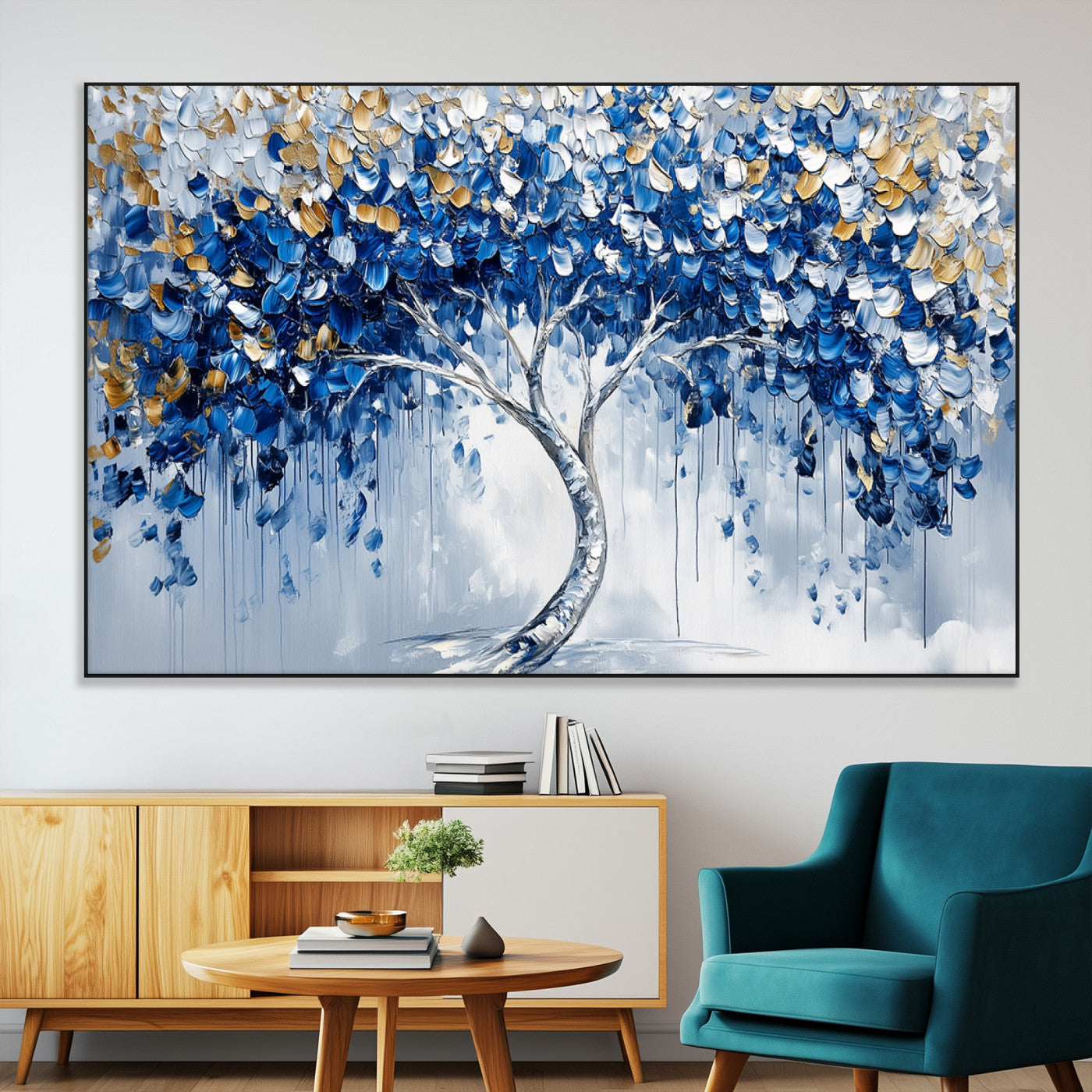 SEG-FC-51X34_Oversize - Blue and Gold Abstract Tree Wall Art Canvas Print | Modern Tree of Life Painting | Framed Canvas