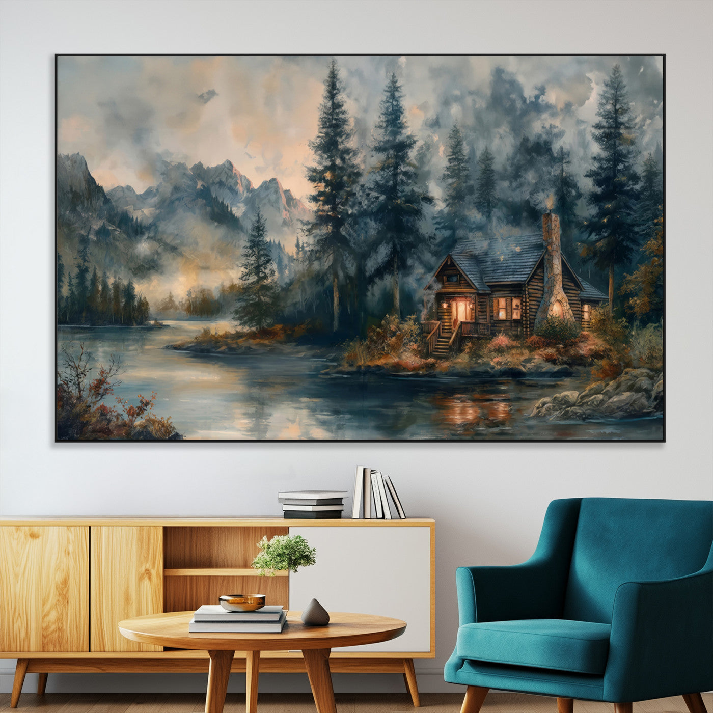 SEG-FC-51X34_Oversize - Rustic Cabin Woods Wall Art Print | Lake in a Forest Canvas Print | Cabin, Lodge, and Farmhouse