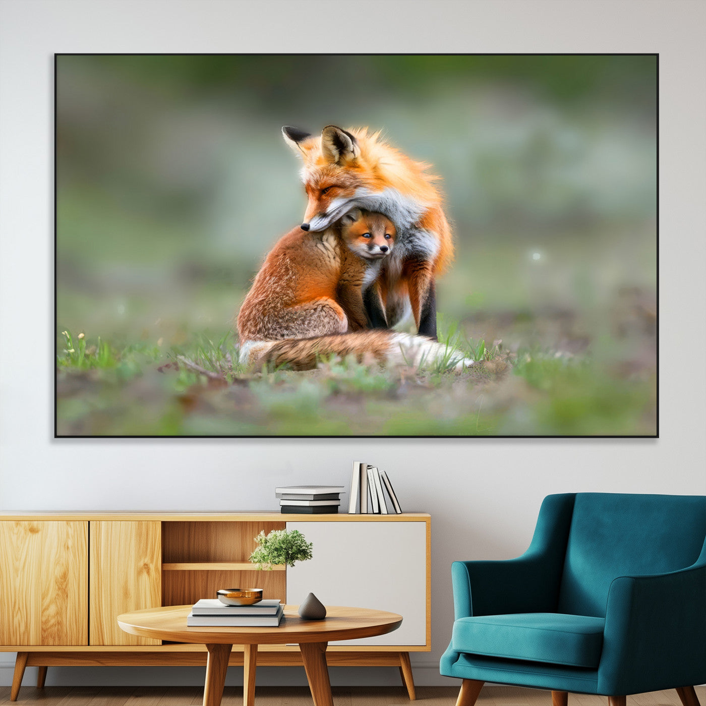 SEG-FC-51X34_Oversize - Heartwarming Fox and Baby Cub Wall Art | Ready to Hang Canvas Print of Foxes in Nature | Perfect for